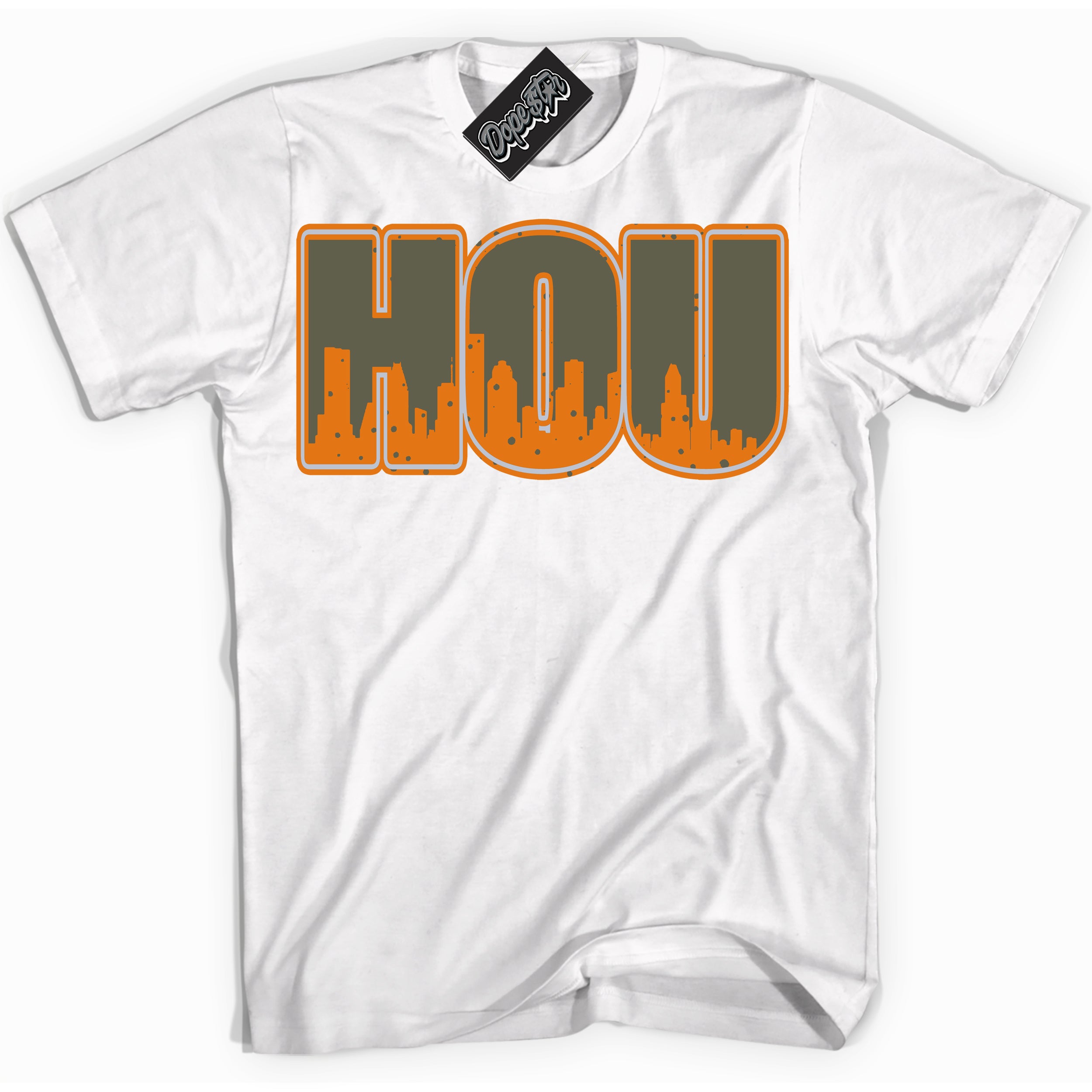 Cool White Shirt with “ Houston” design that perfectly matches Olive 5s Sneakers.