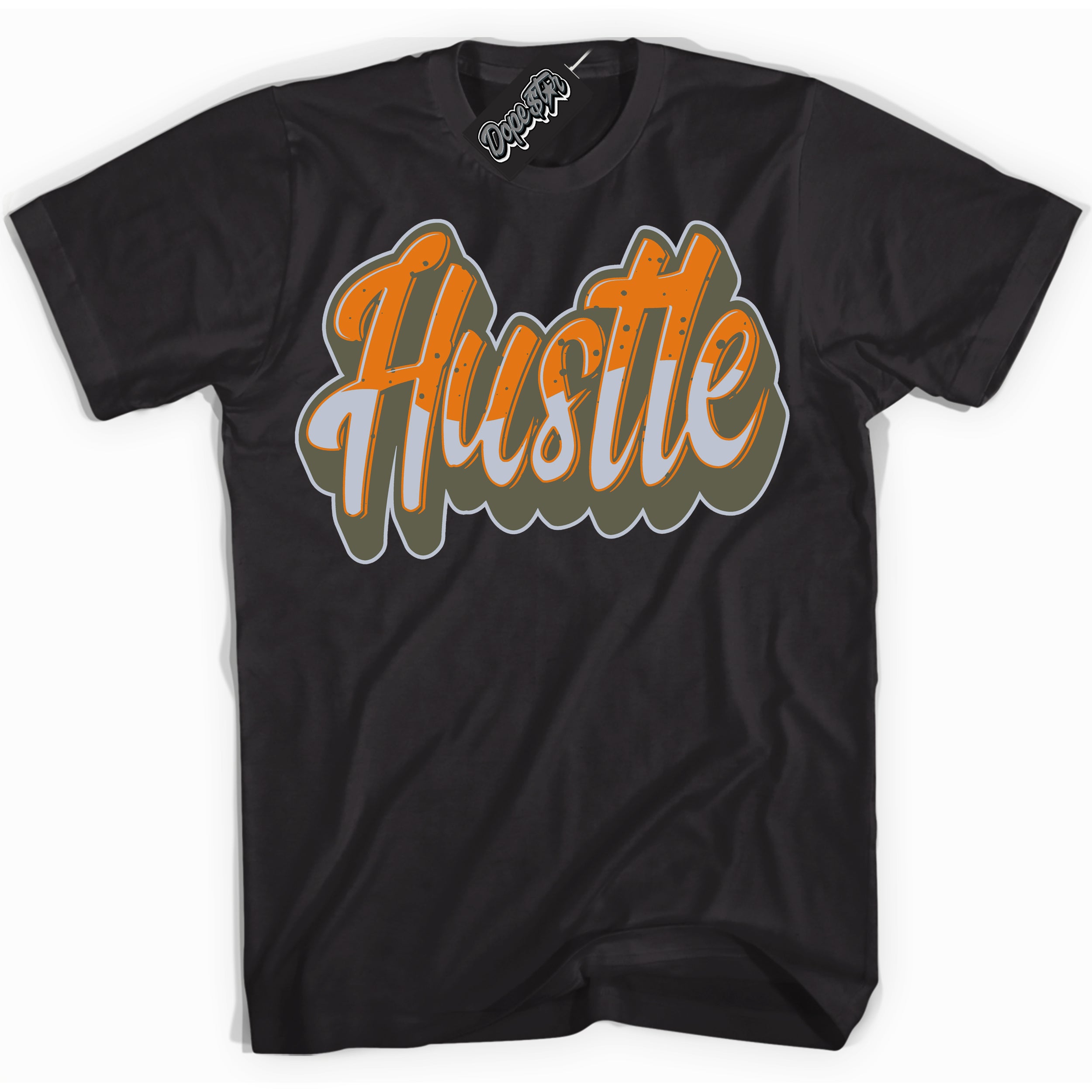 Cool Black Shirt with “ Hustle” design that perfectly matches Olive 5s Sneakers.