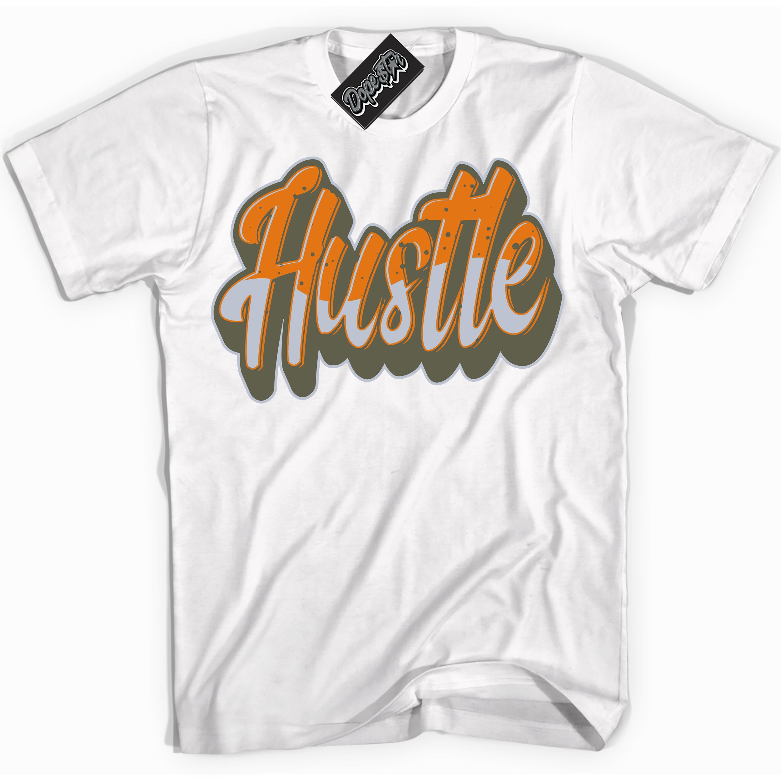 Cool White Shirt with “ Hustle” design that perfectly matches Olive 5s Sneakers.