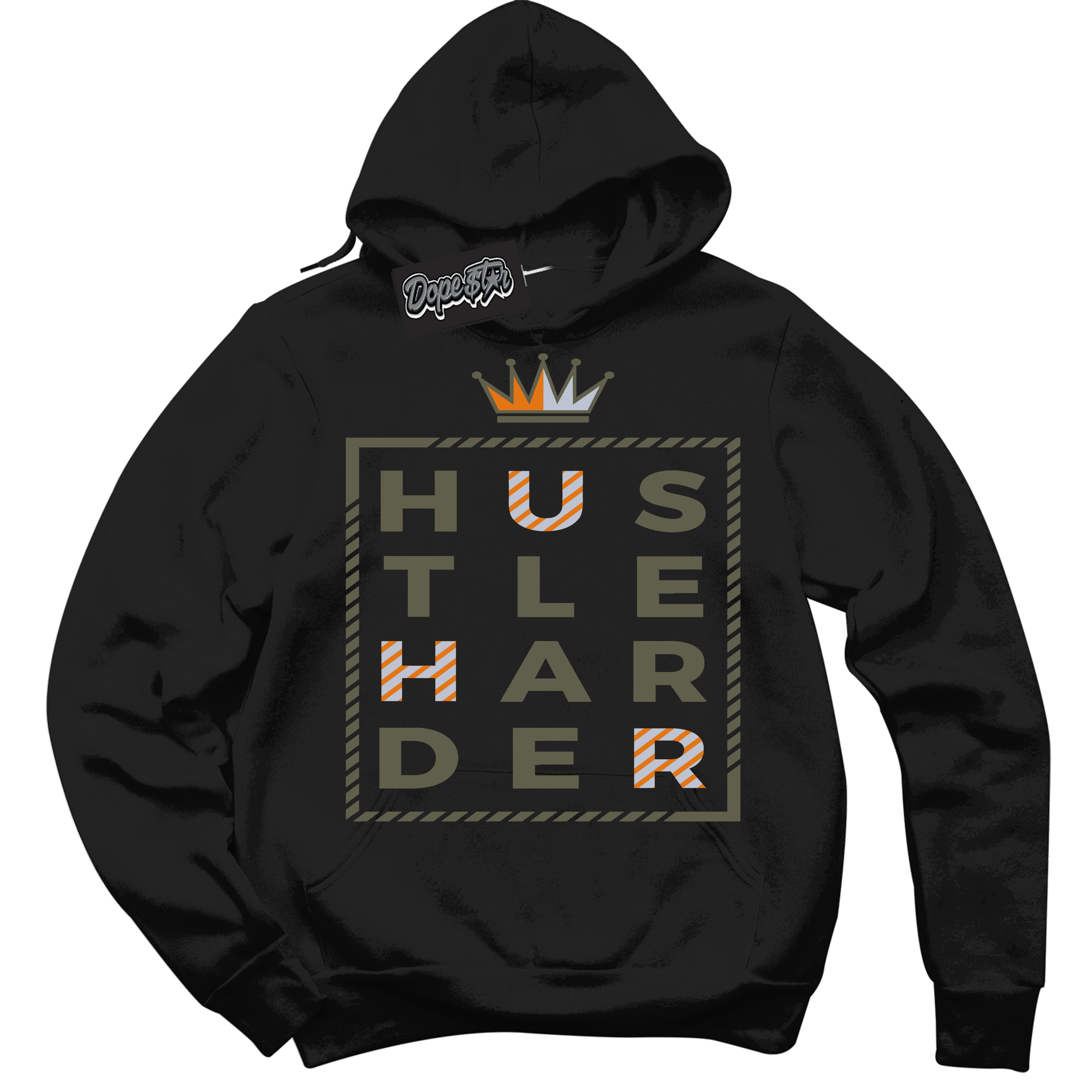 Cool Black Hoodie with “ Hustle Harder ”  design that Perfectly Matches Olive 5s Sneakers.