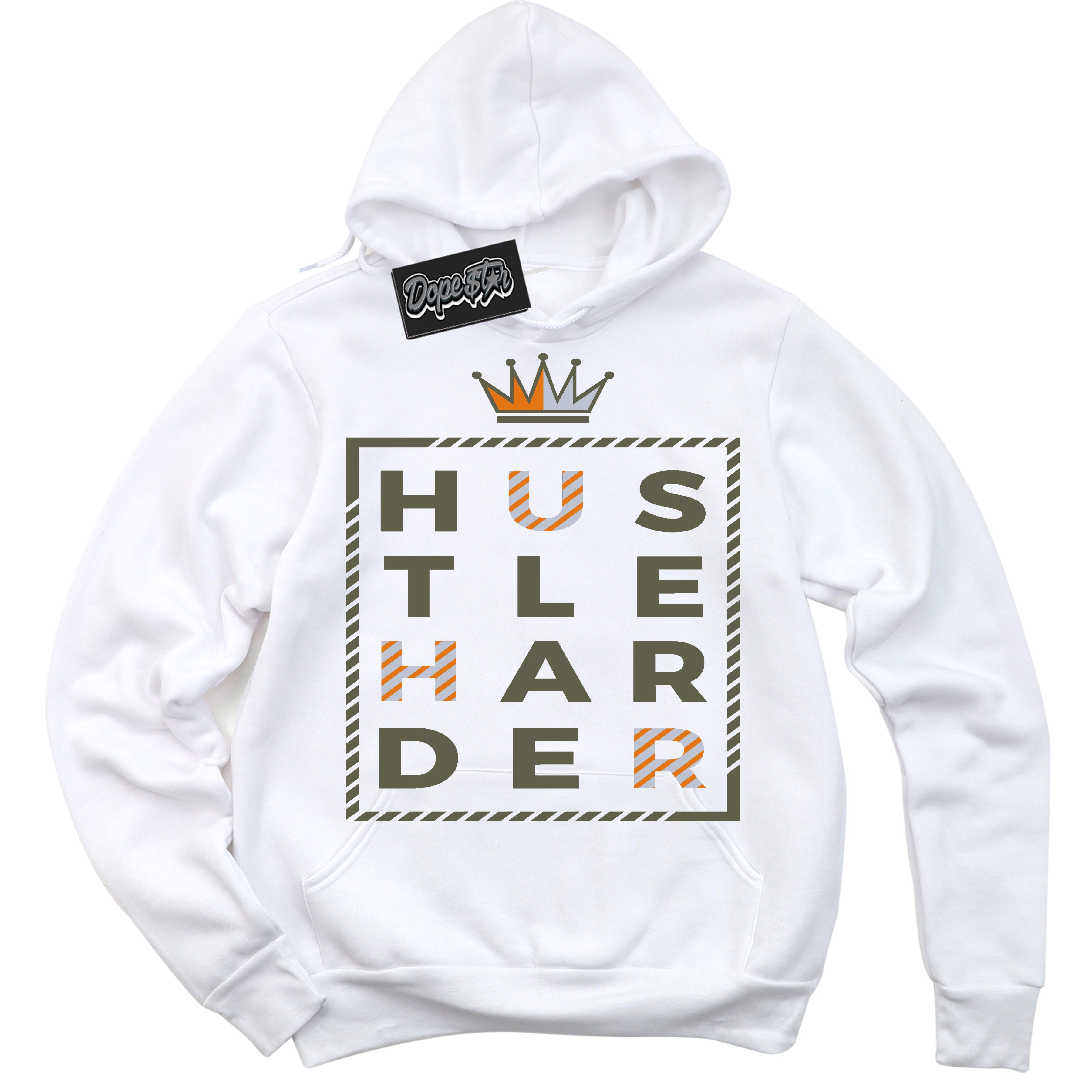 Cool White Hoodie with “ Hustle Harder ”  design that Perfectly Matches Olive 5s Sneakers.