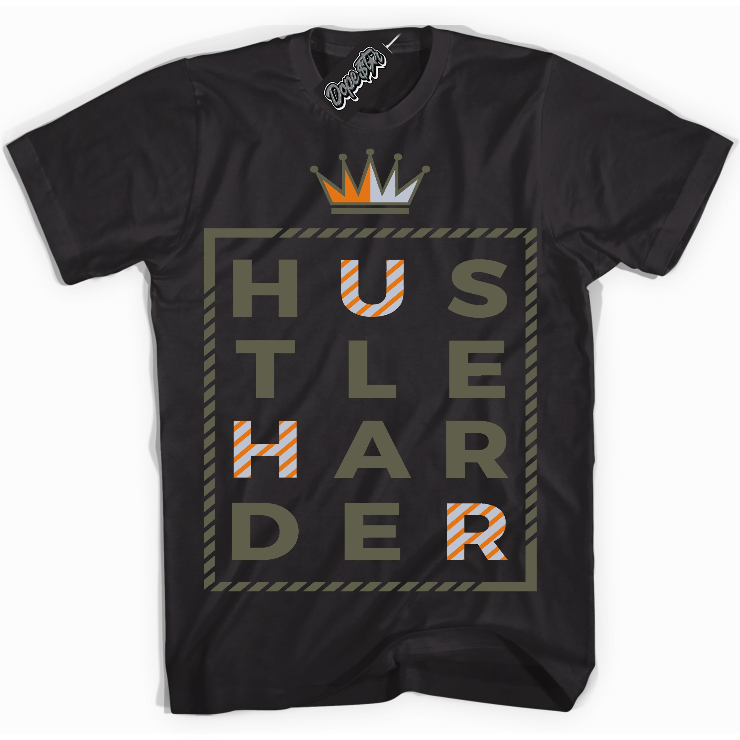 Cool Black Shirt with “ Hustle Harder” design that perfectly matches Olive 5s Sneakers.