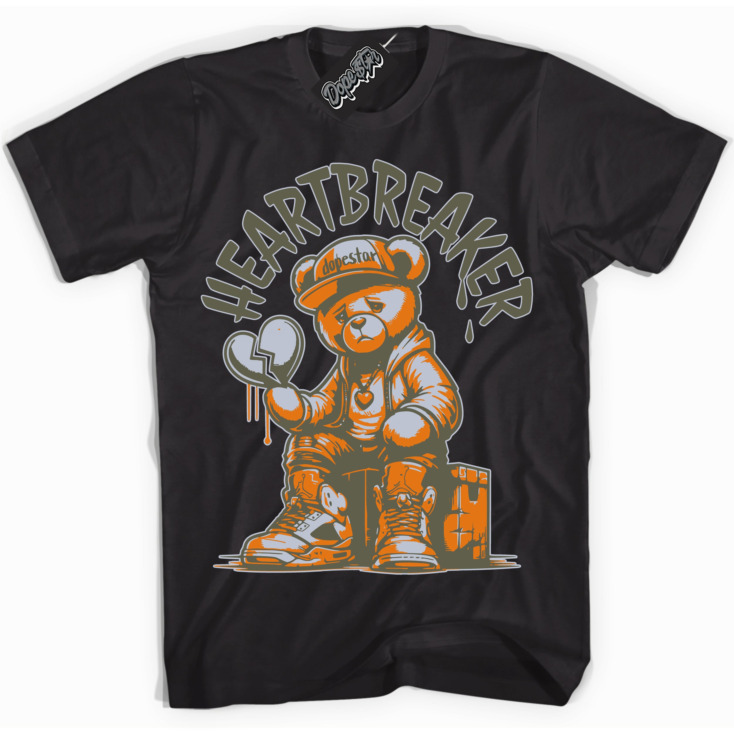 Cool Black Shirt with “ Heartbreaker Bear” design that perfectly matches Olive 5s Sneakers.