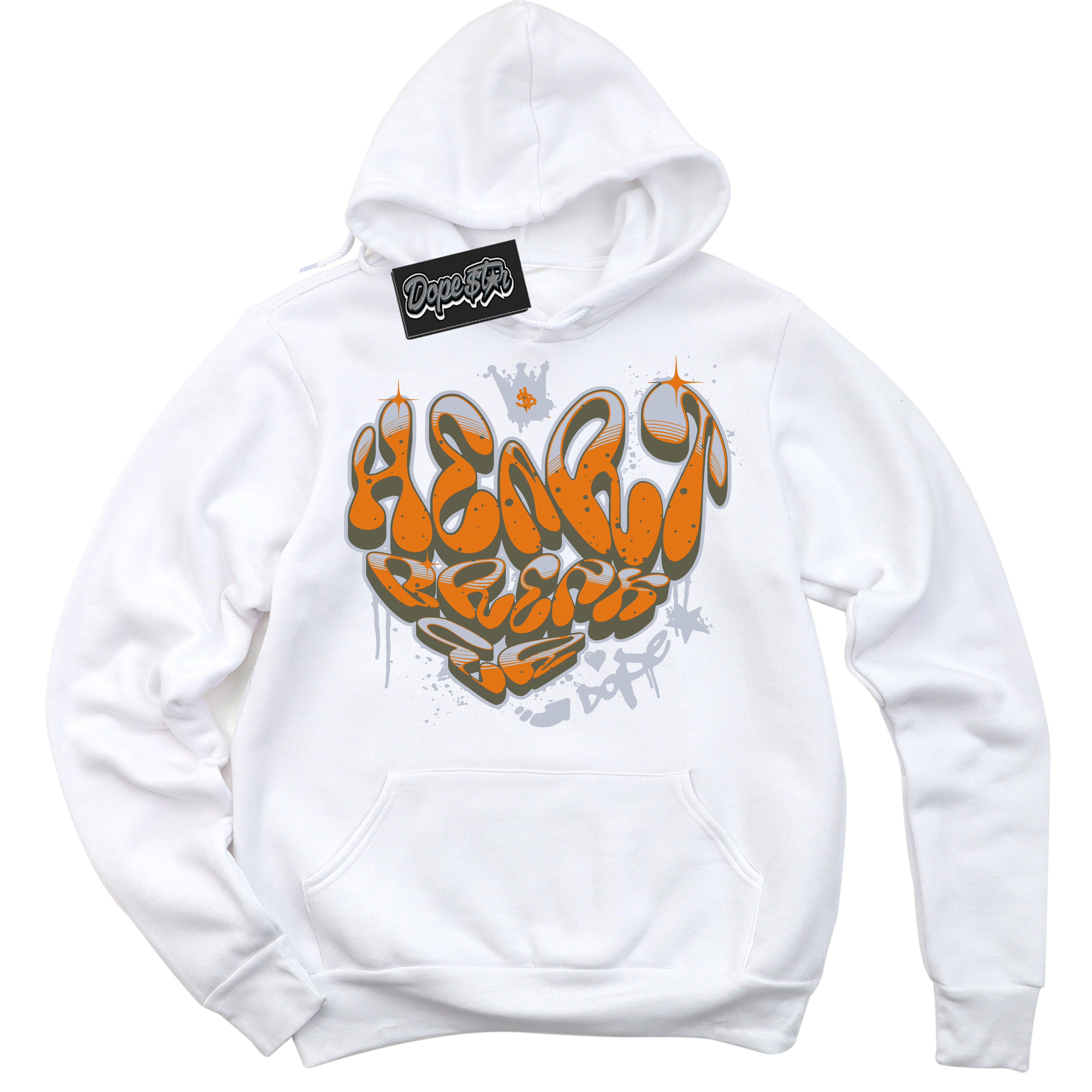 Cool White Hoodie with “ Heartbreaker Graffiti ”  design that Perfectly Matches Olive 5s Sneakers.