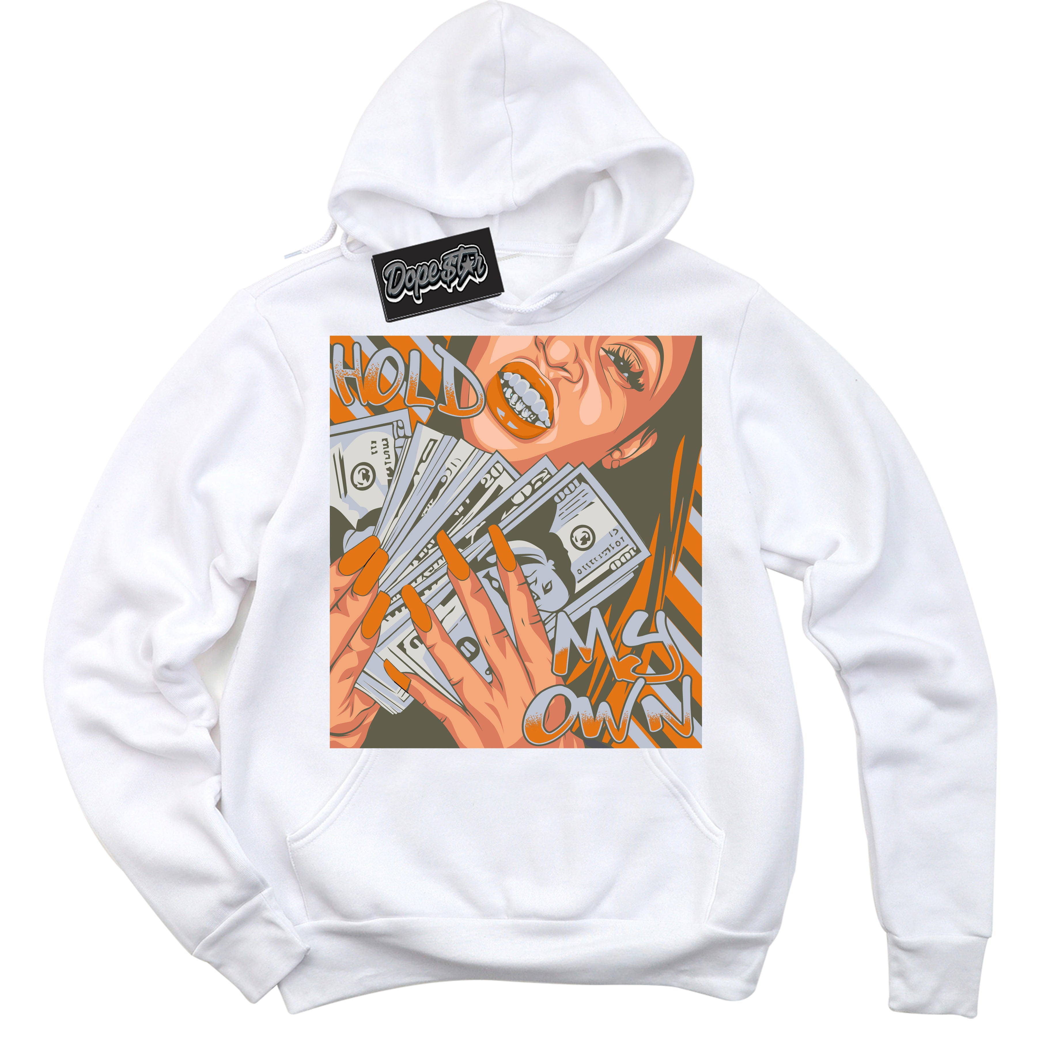 Cool White Hoodie with “ Hold My Own ”  design that Perfectly Matches Olive 5s Sneakers.