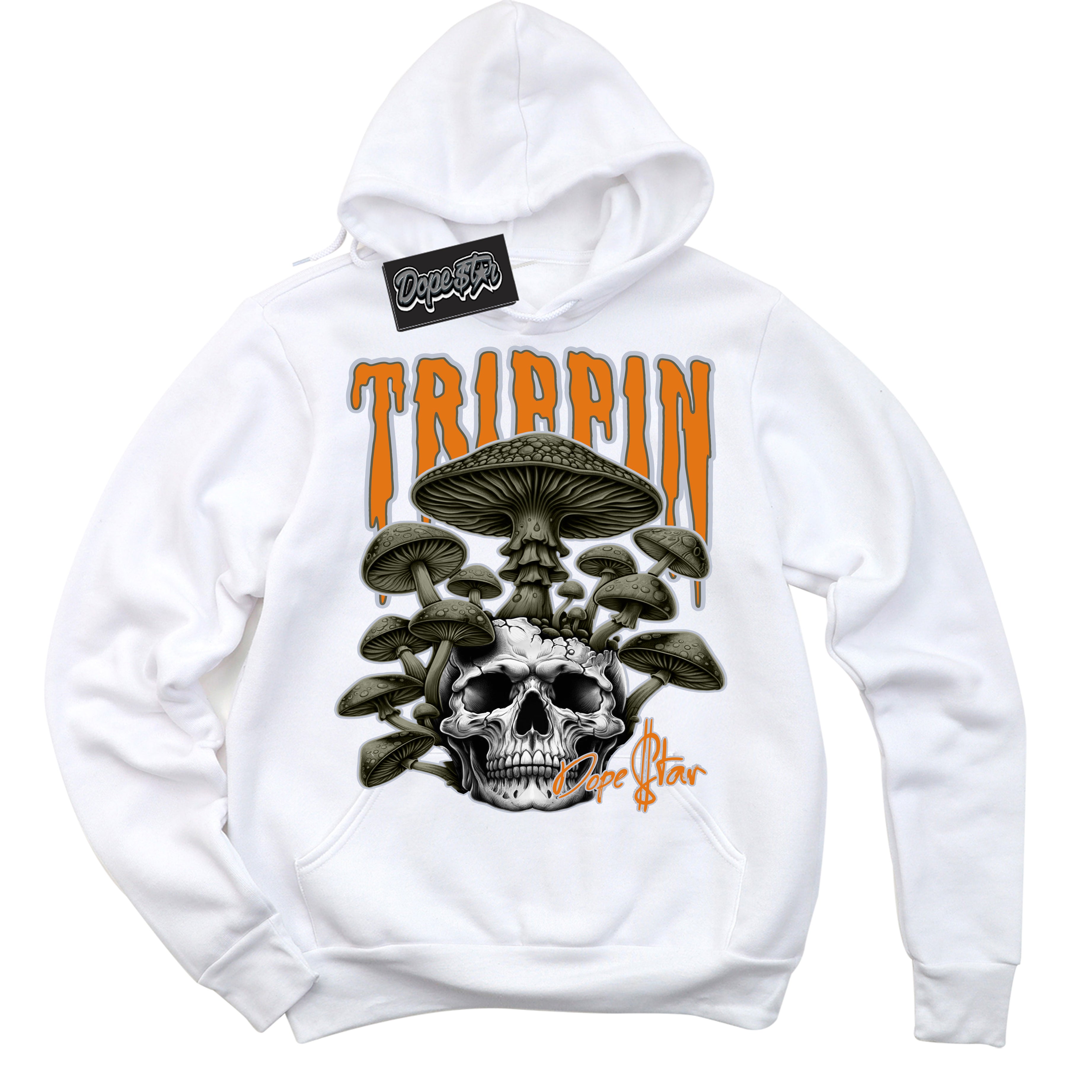 Cool White Hoodie with “ Trippin”  design that Perfectly Matches Olive 5s Sneakers.