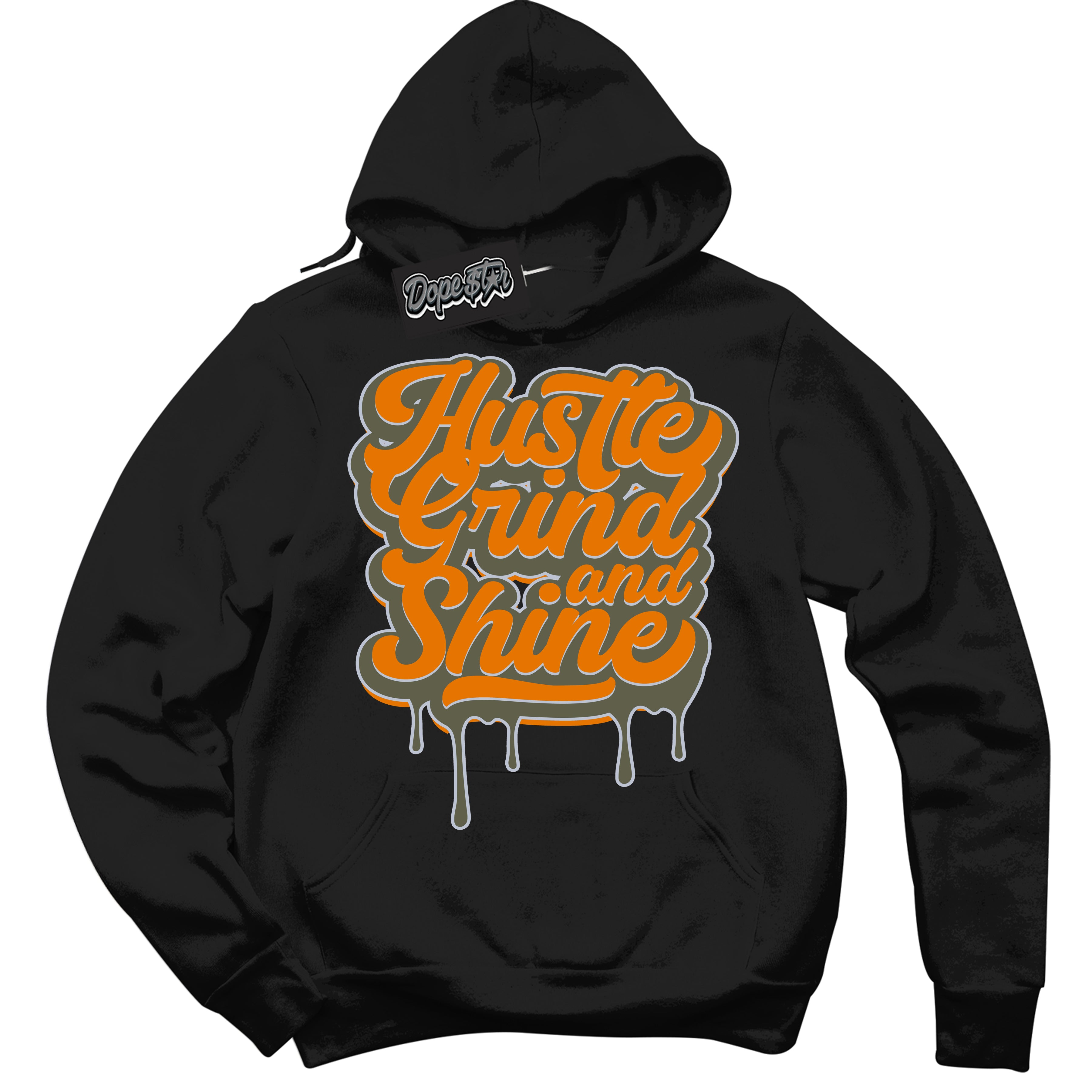 Cool Black Hoodie with “ Hustle Grind And Shine ”  design that Perfectly Matches Olive 5s Sneakers.