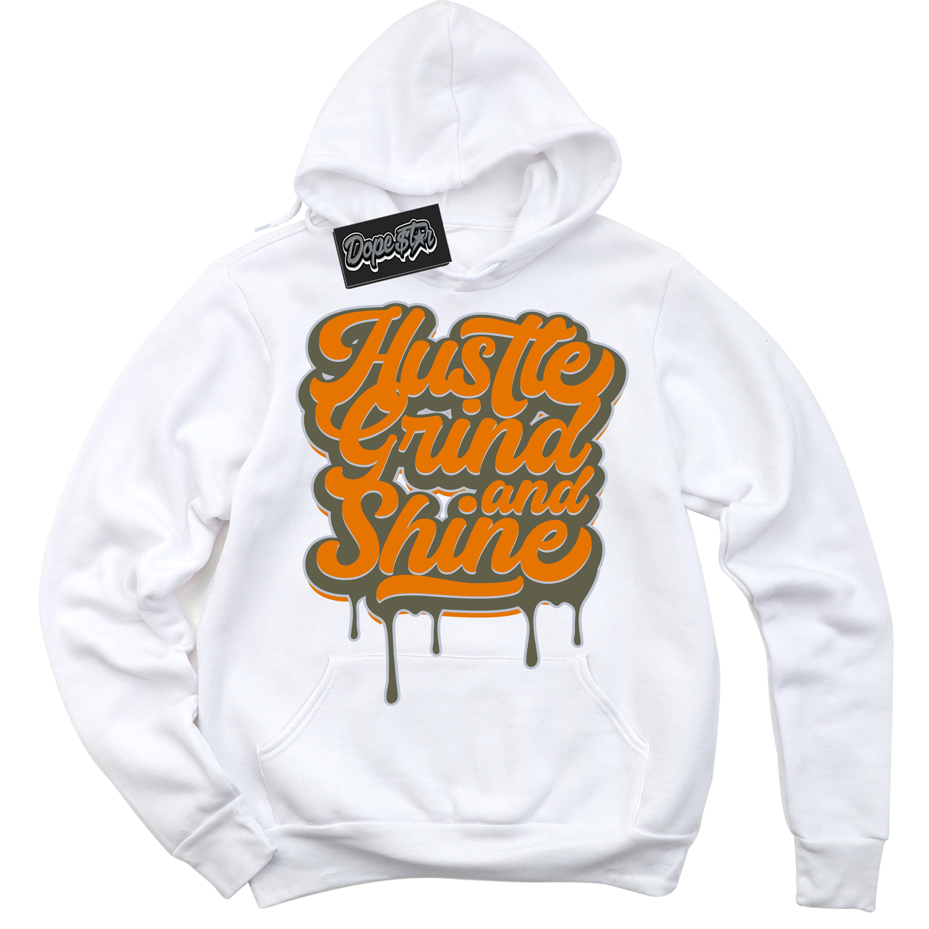 Cool White Hoodie with “ Hustle Grind And Shine ”  design that Perfectly Matches Olive 5s Sneakers.