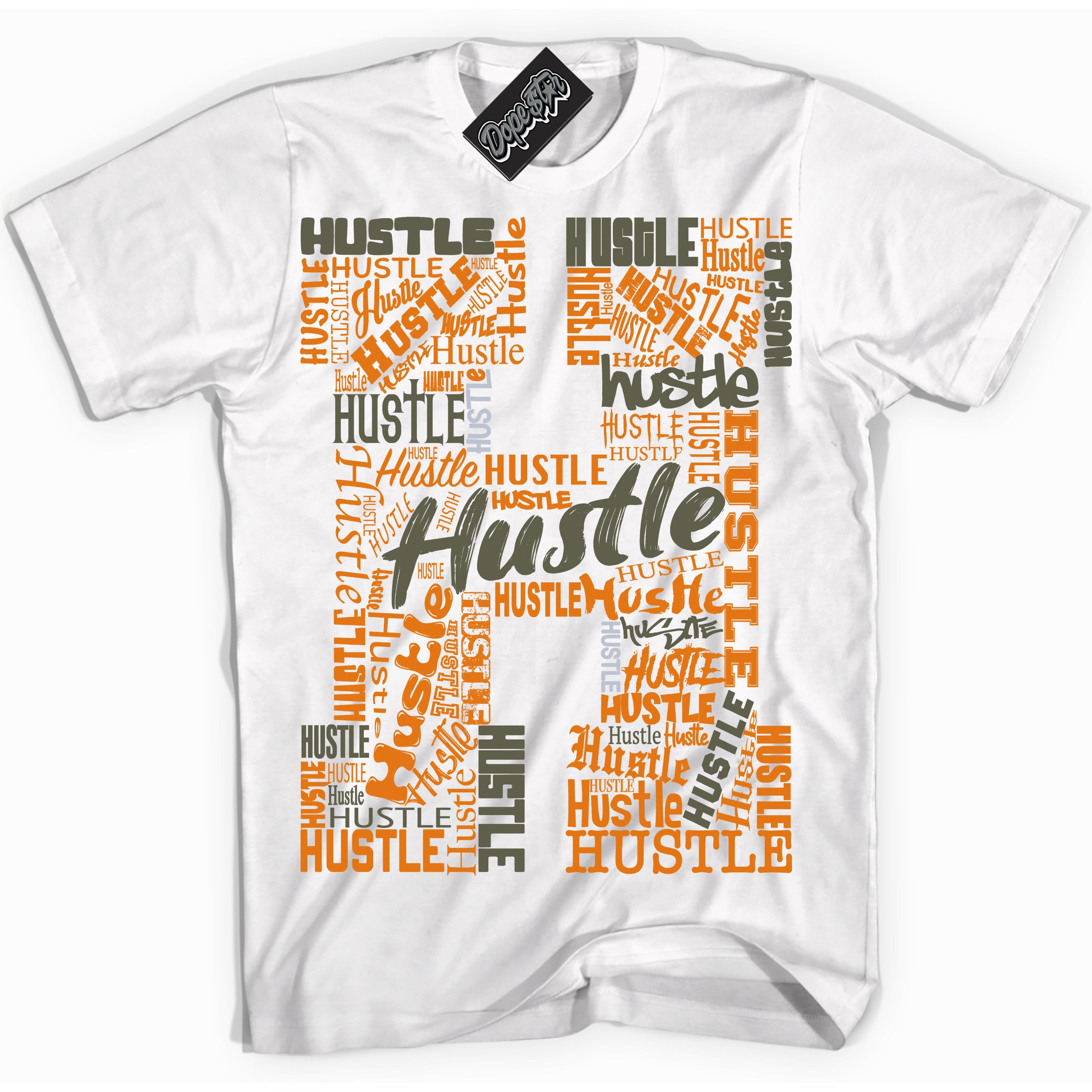 Cool White Shirt with “ Hustle H” design that perfectly matches Olive 5s Sneakers.