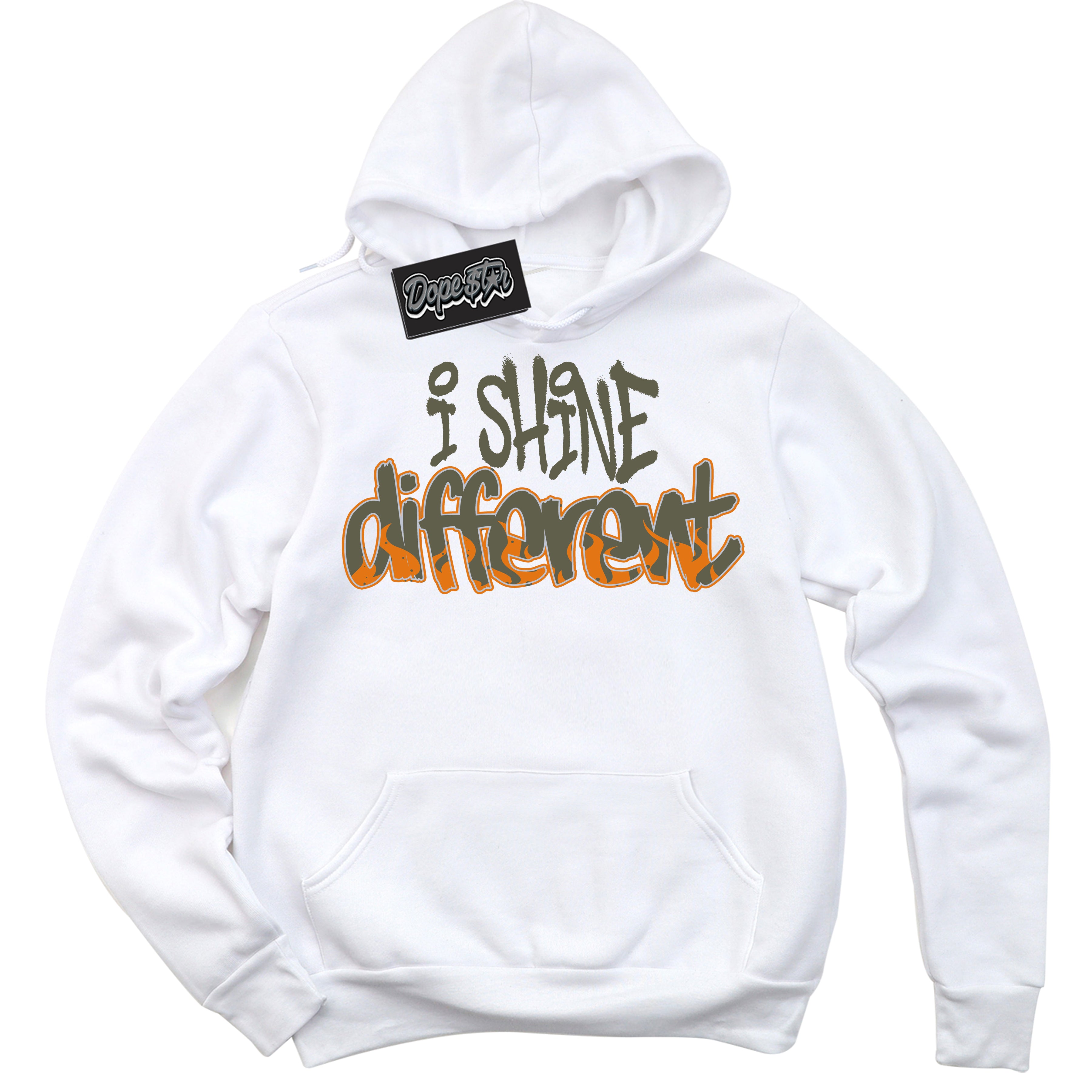 Cool White Hoodie with “ I Shine Different ”  design that Perfectly Matches Olive 5s Sneakers.