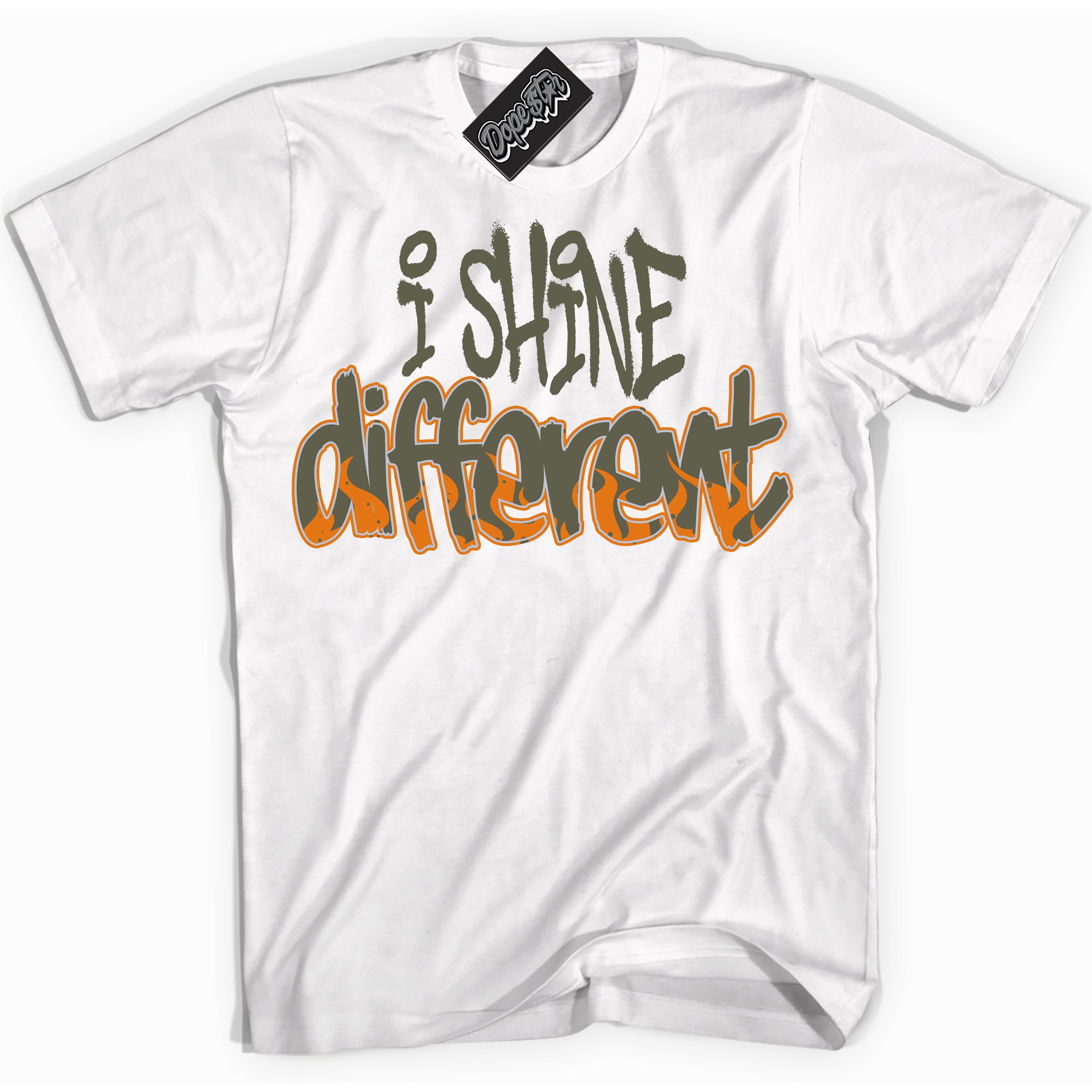 Cool White Shirt with “ I Shine Different” design that perfectly matches Olive 5s Sneakers.