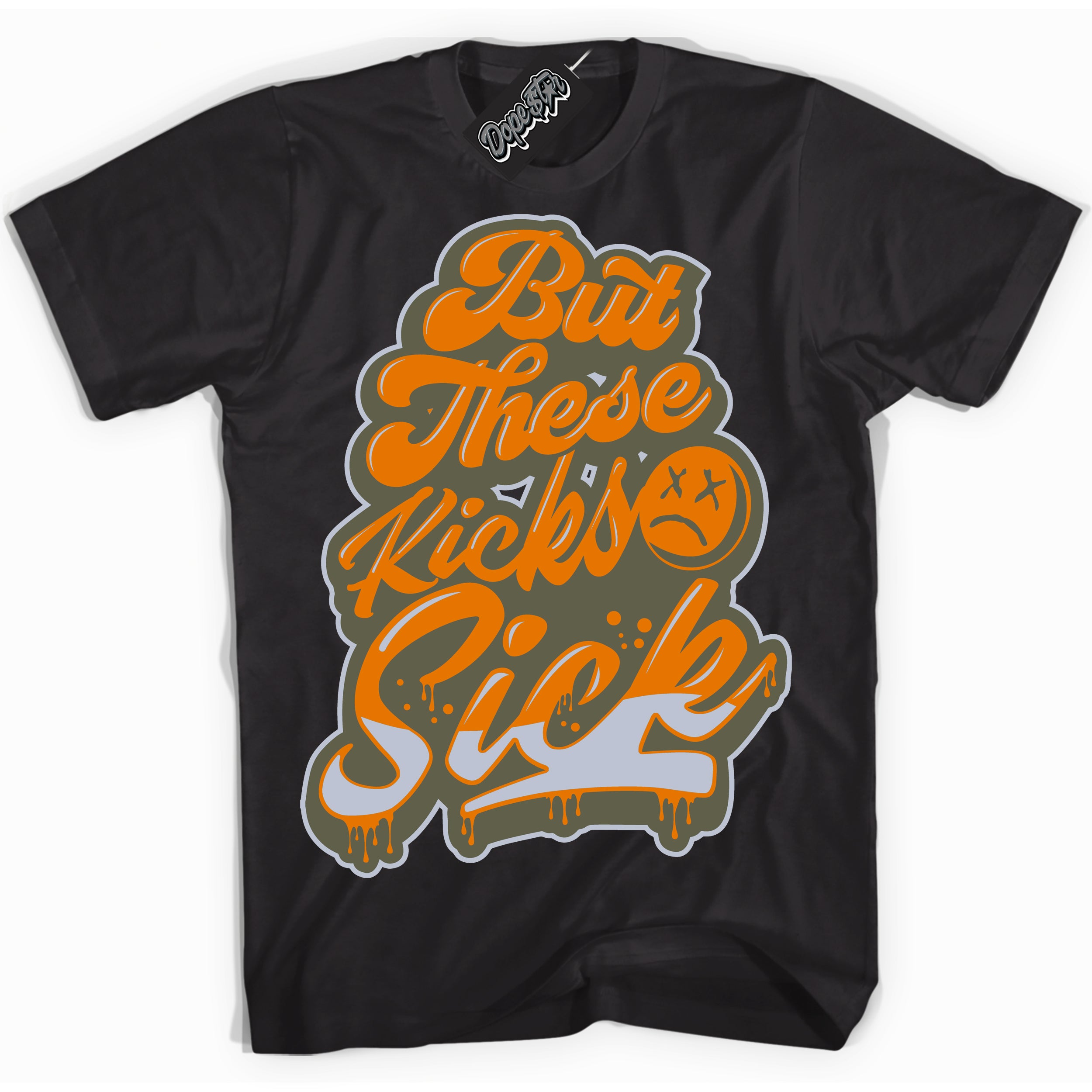 Cool Black Shirt with “ Kick Sick” design that perfectly matches Olive 5s Sneakers.