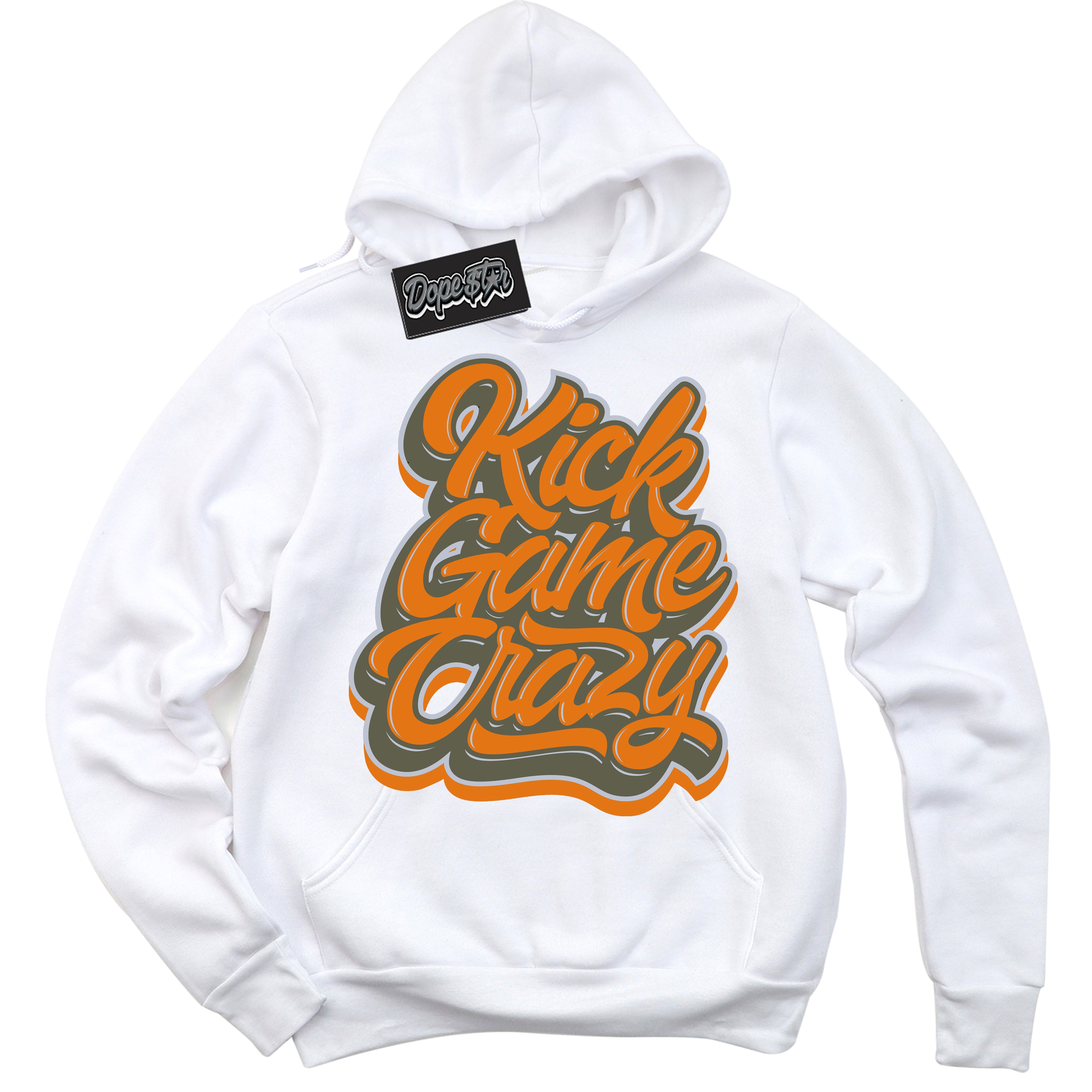 Cool White Hoodie with “ Kick Game Crazy ”  design that Perfectly Matches Olive 5s Sneakers.