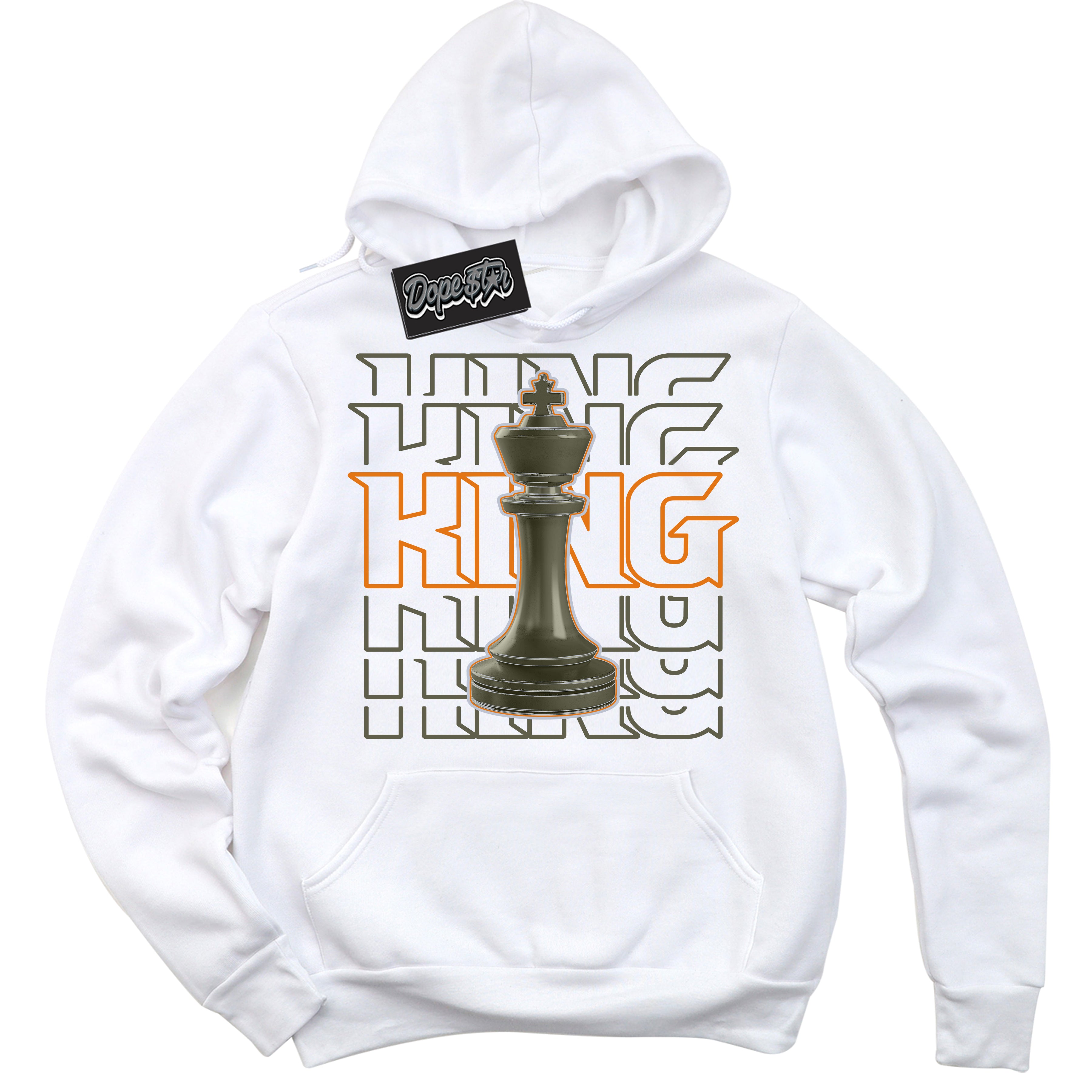 Cool White Hoodie with “ King Chess ”  design that Perfectly Matches Olive 5s Sneakers.