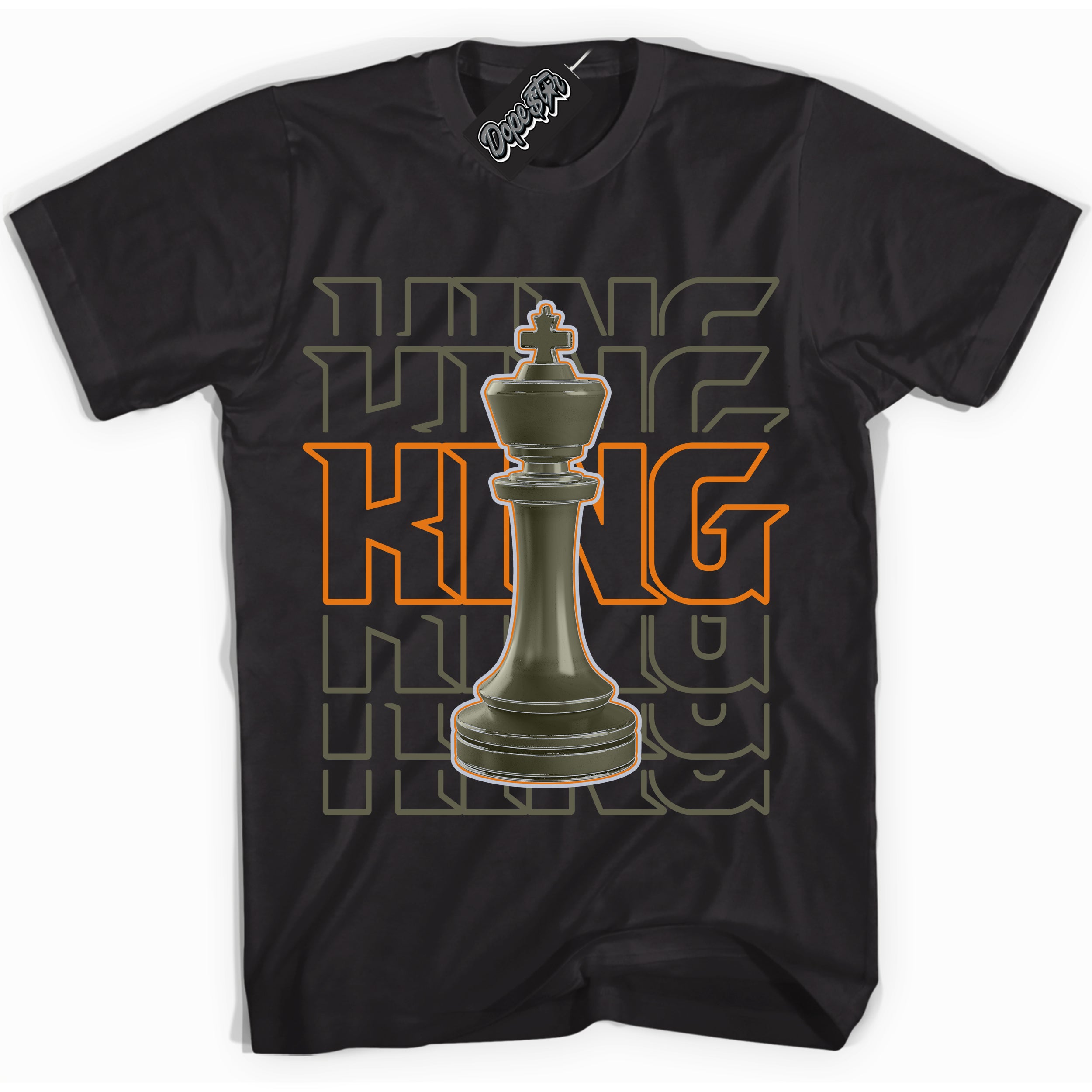 Cool Black Shirt with “ King Chess” design that perfectly matches Olive 5s Sneakers.