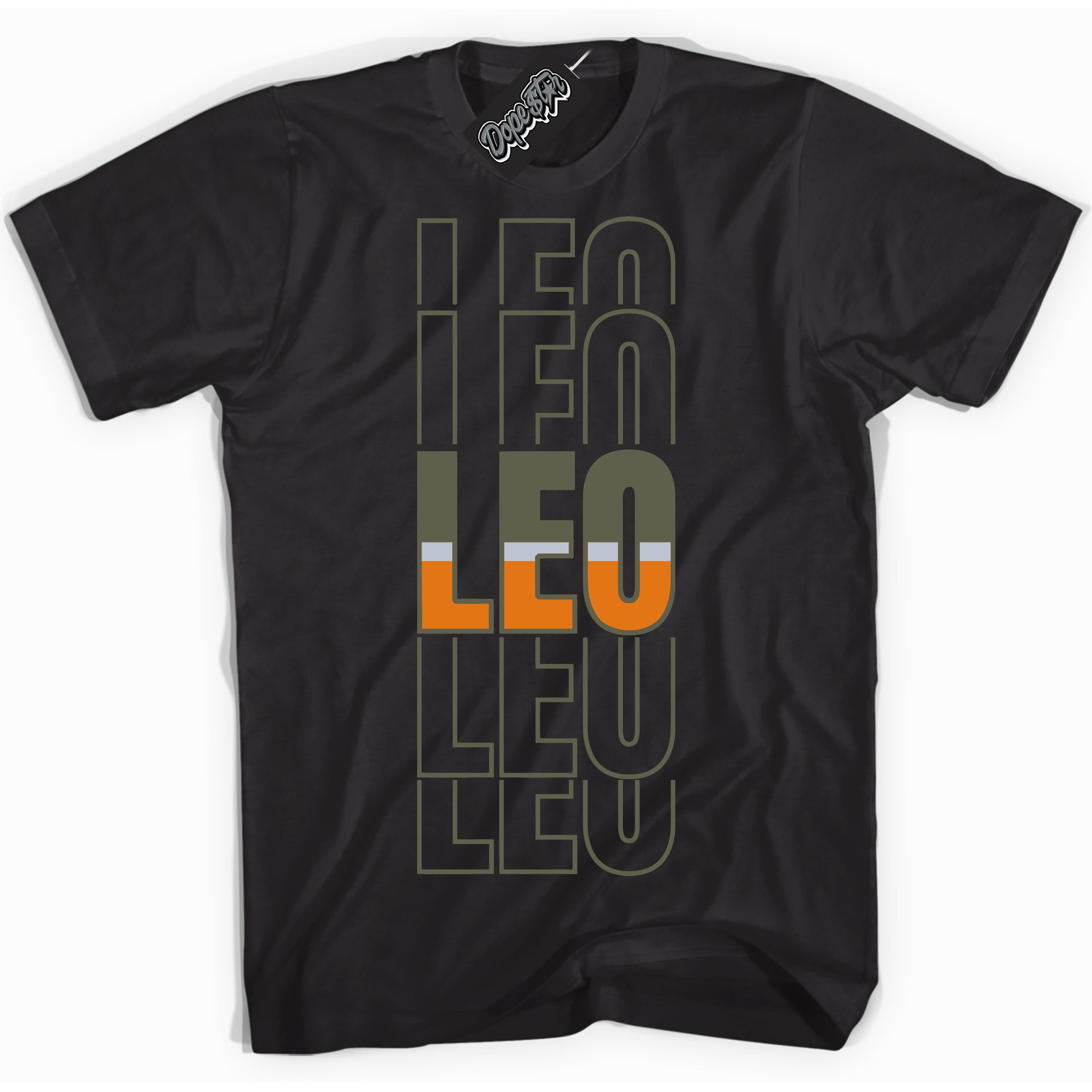 Cool Black Shirt with “ Leo” design that perfectly matches Olive 5s Sneakers.