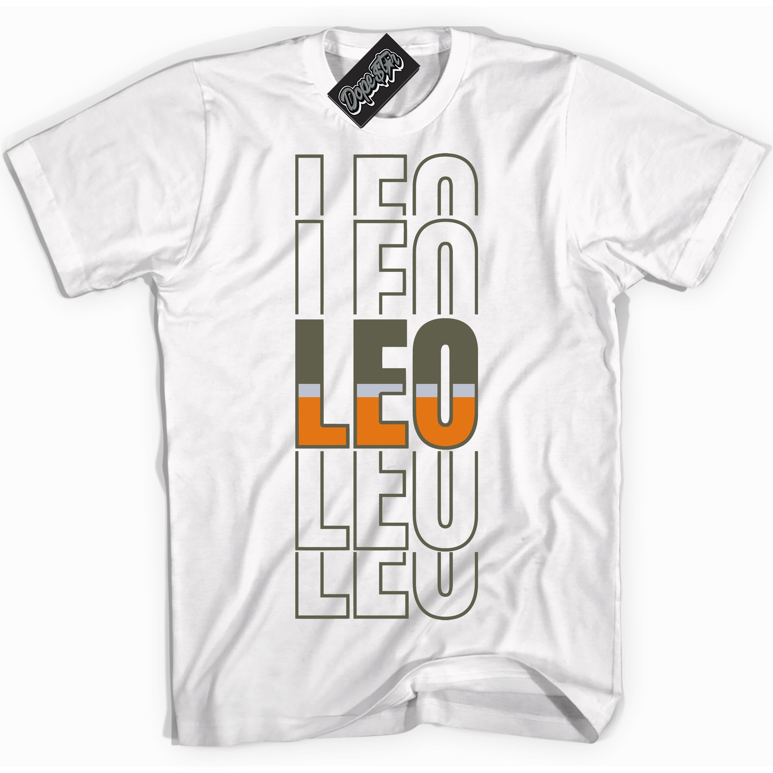 Cool White Shirt with “ Leo” design that perfectly matches Olive 5s Sneakers.