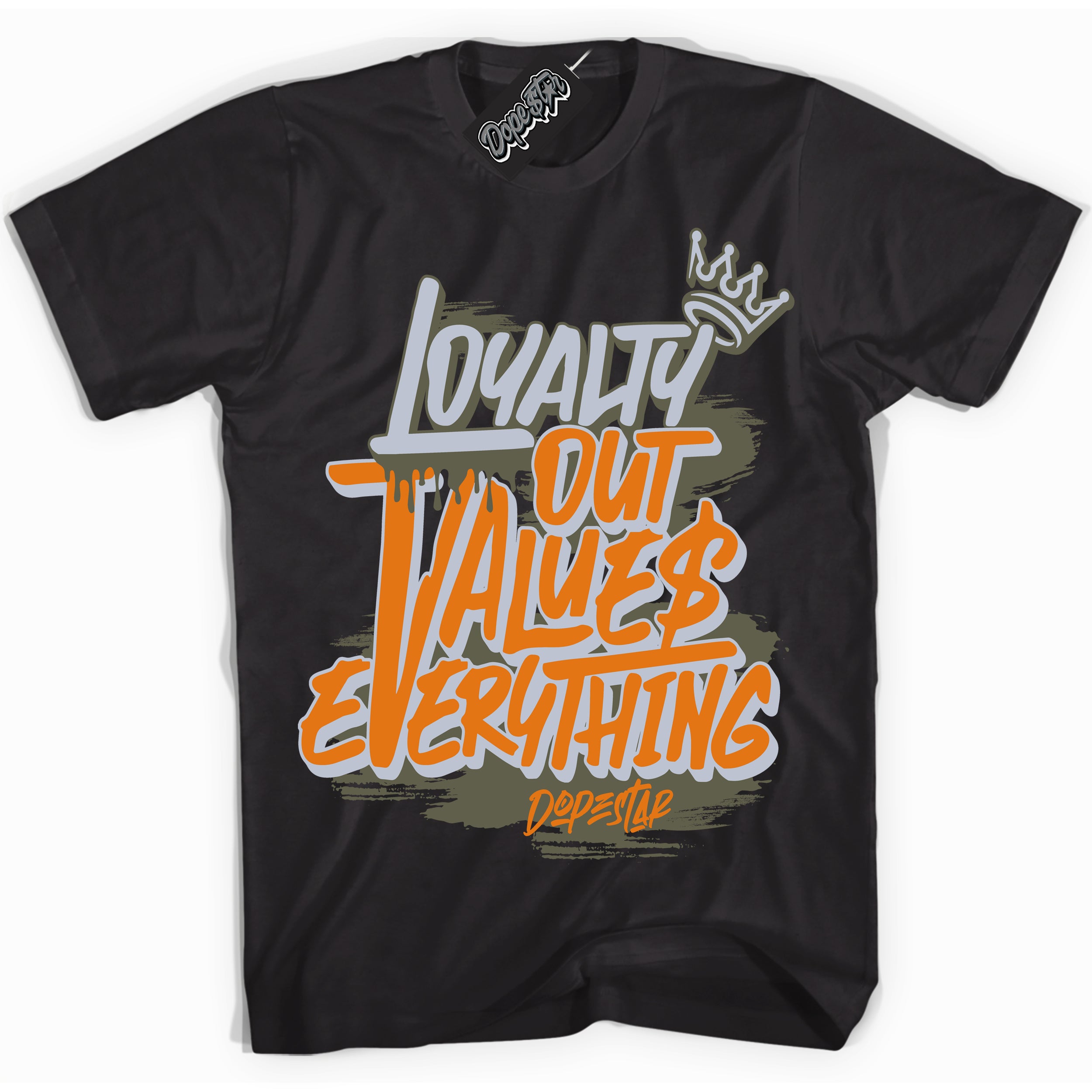 Cool Black Shirt with “ Loyalty Out Values Everything” design that perfectly matches Olive 5s Sneakers.