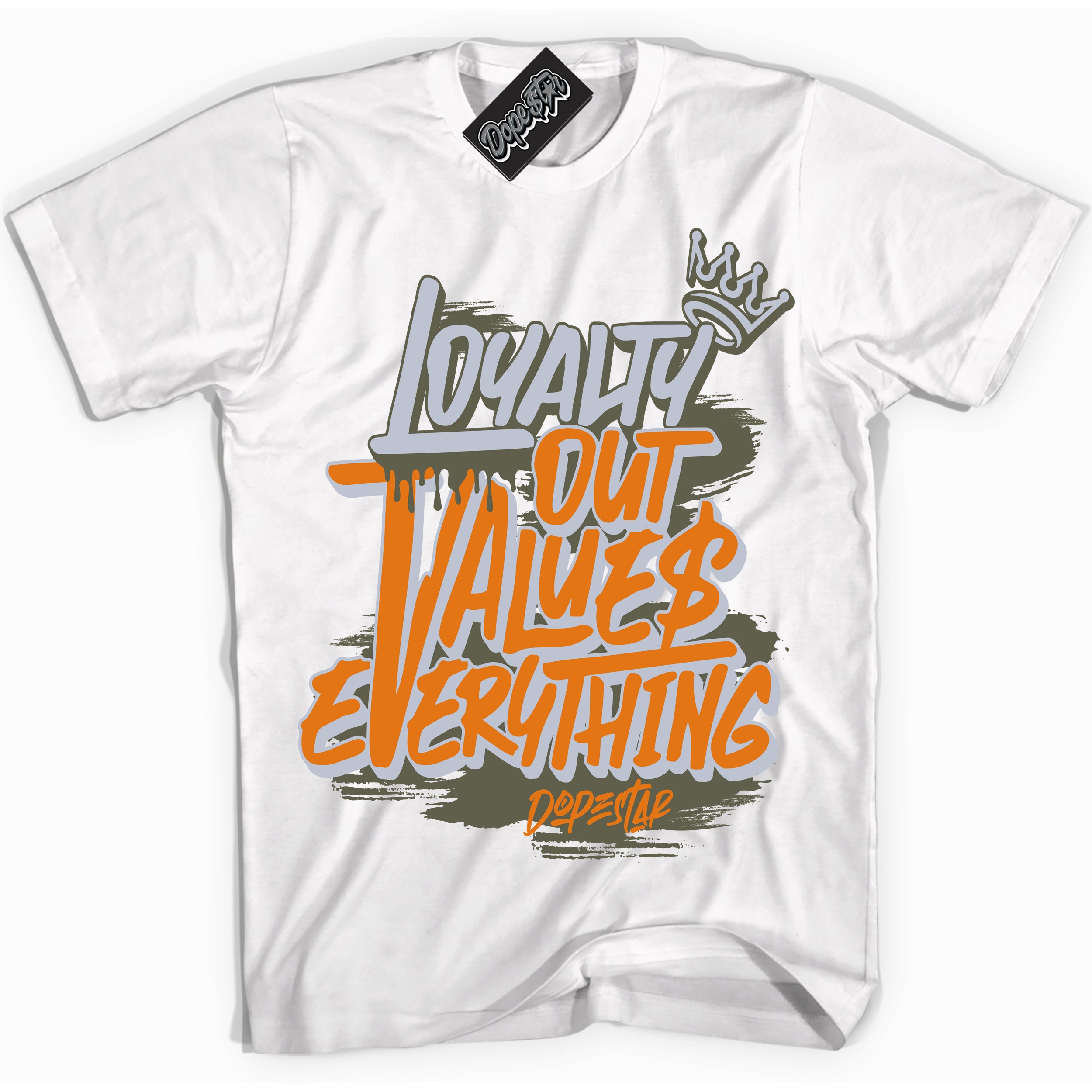 Cool White Shirt with “ Loyalty Out Values Everything” design that perfectly matches Olive 5s Sneakers.