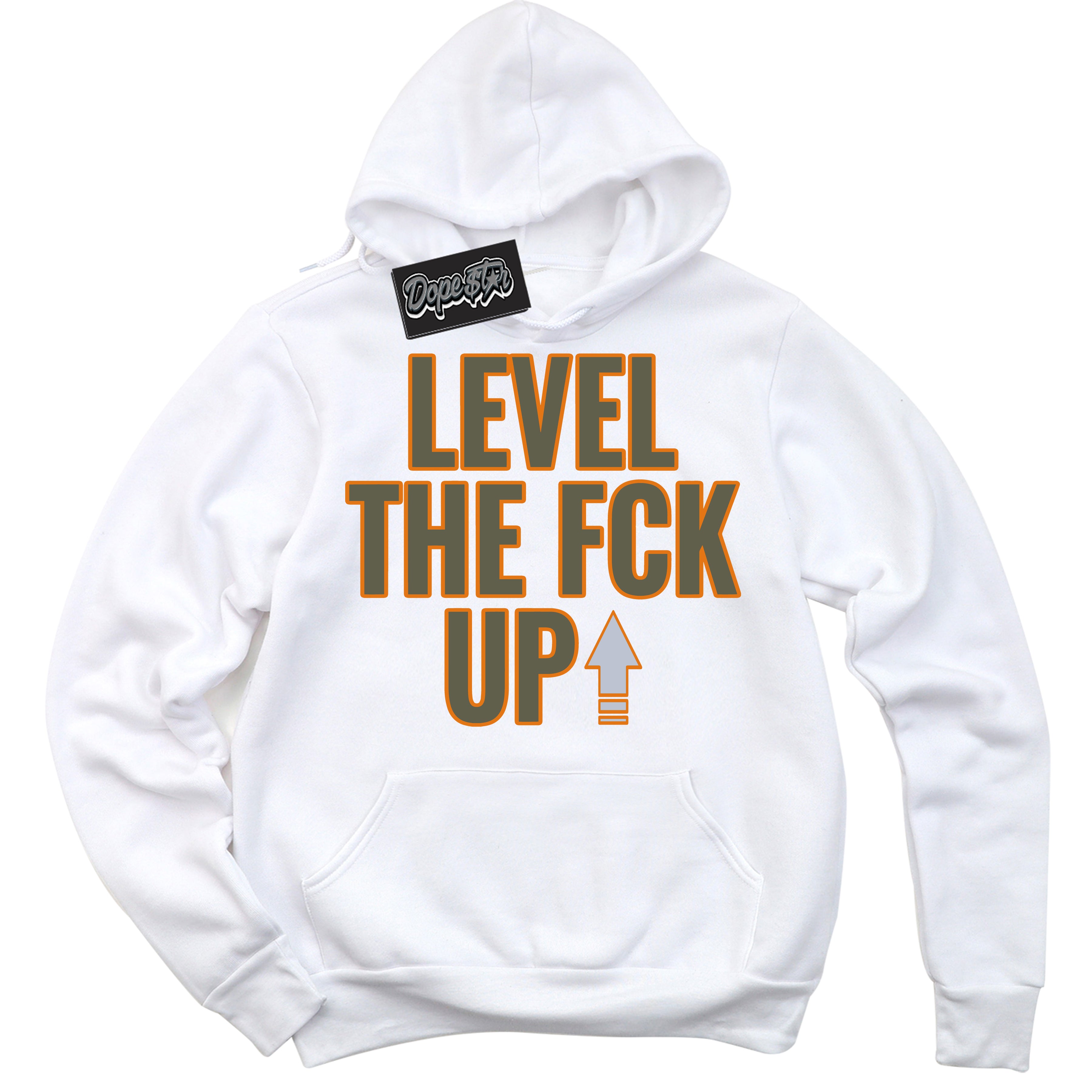 Cool White Hoodie with “ Level The Fck Up ”  design that Perfectly Matches Olive 5s Sneakers.