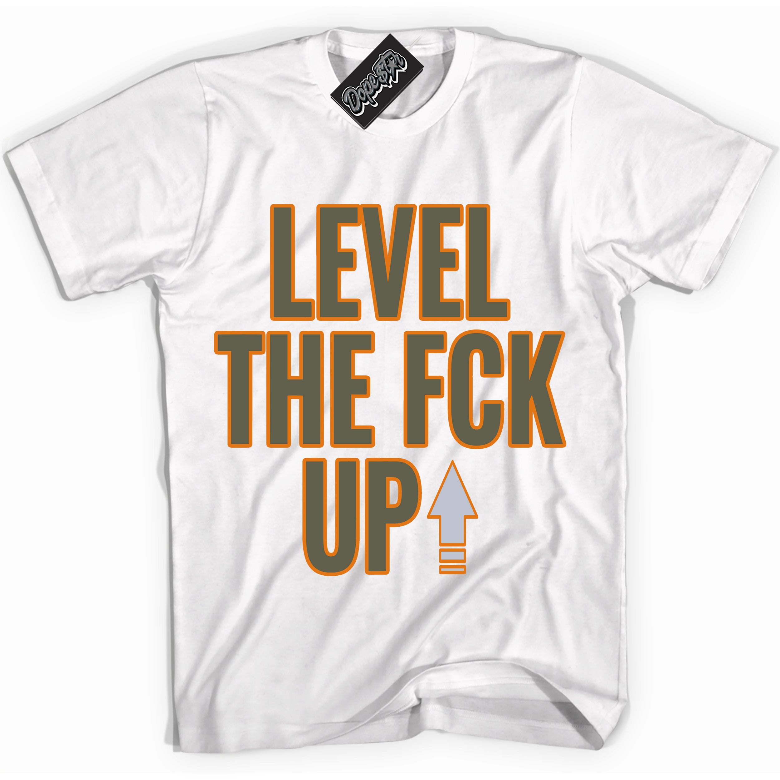 Cool White Shirt with “ Level The Fck Up” design that perfectly matches Olive 5s Sneakers.