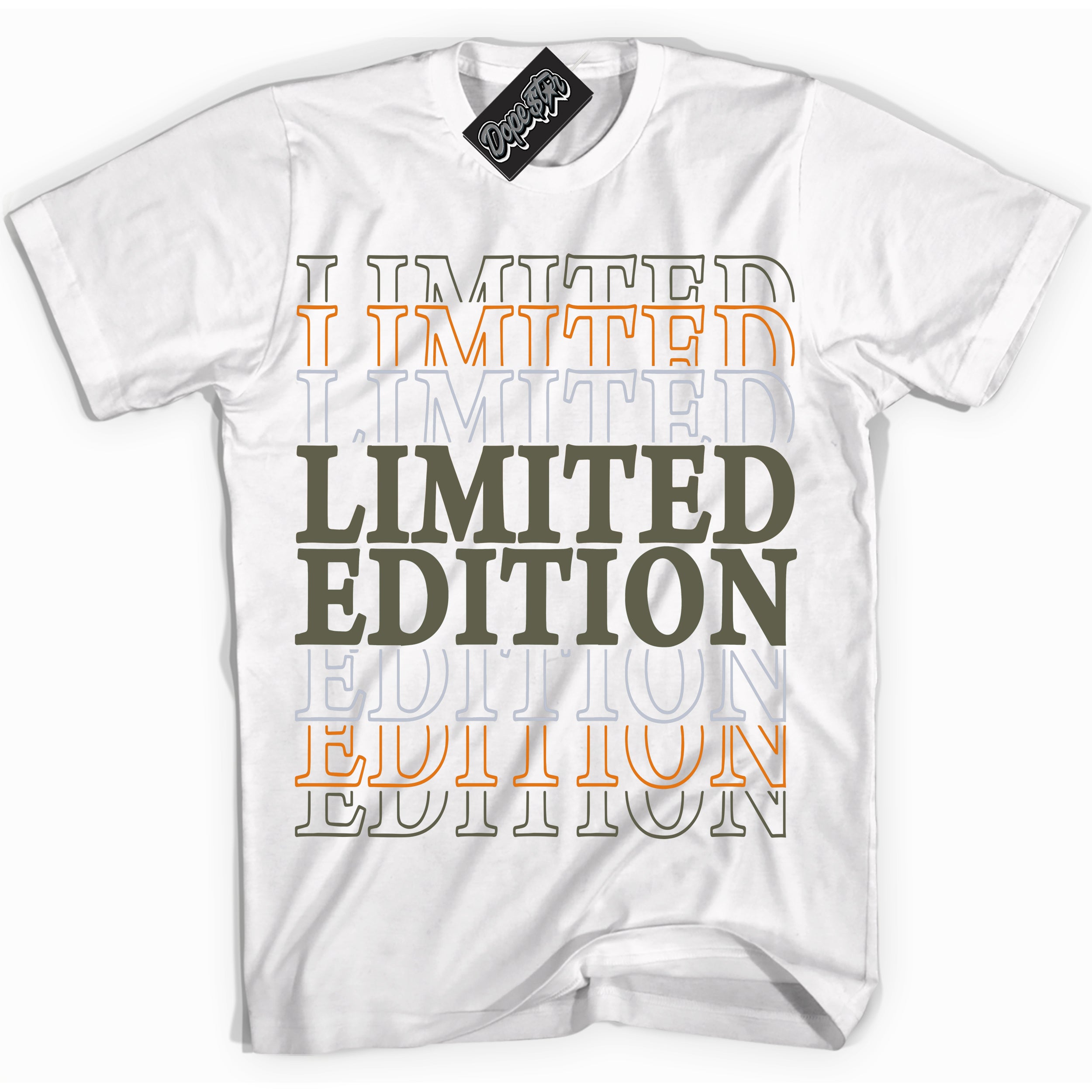 Cool White Shirt with “ Limited Edition” design that perfectly matches Olive 5s Sneakers.