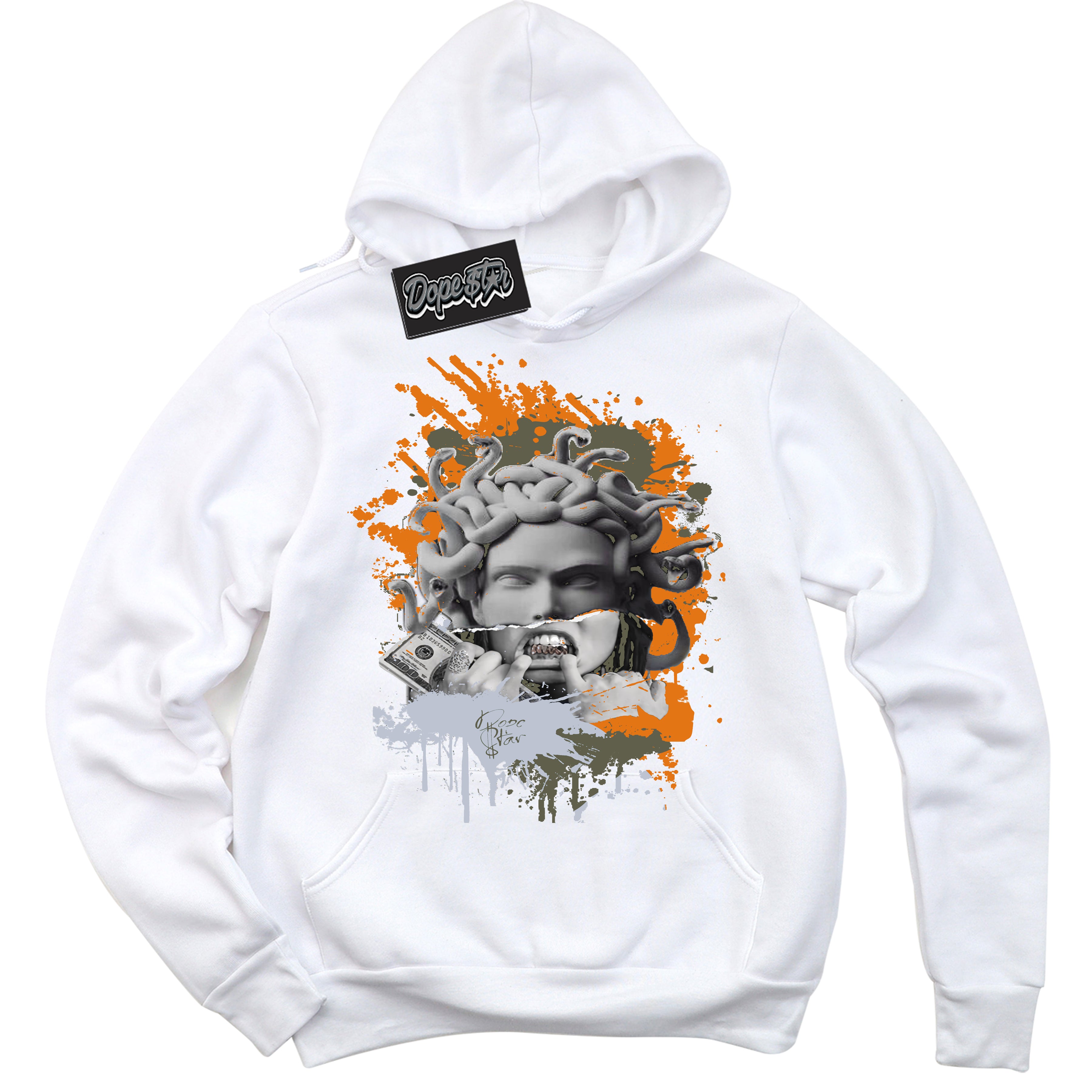 Cool White Hoodie with “ Medusa ”  design that Perfectly Matches Olive 5s Sneakers.