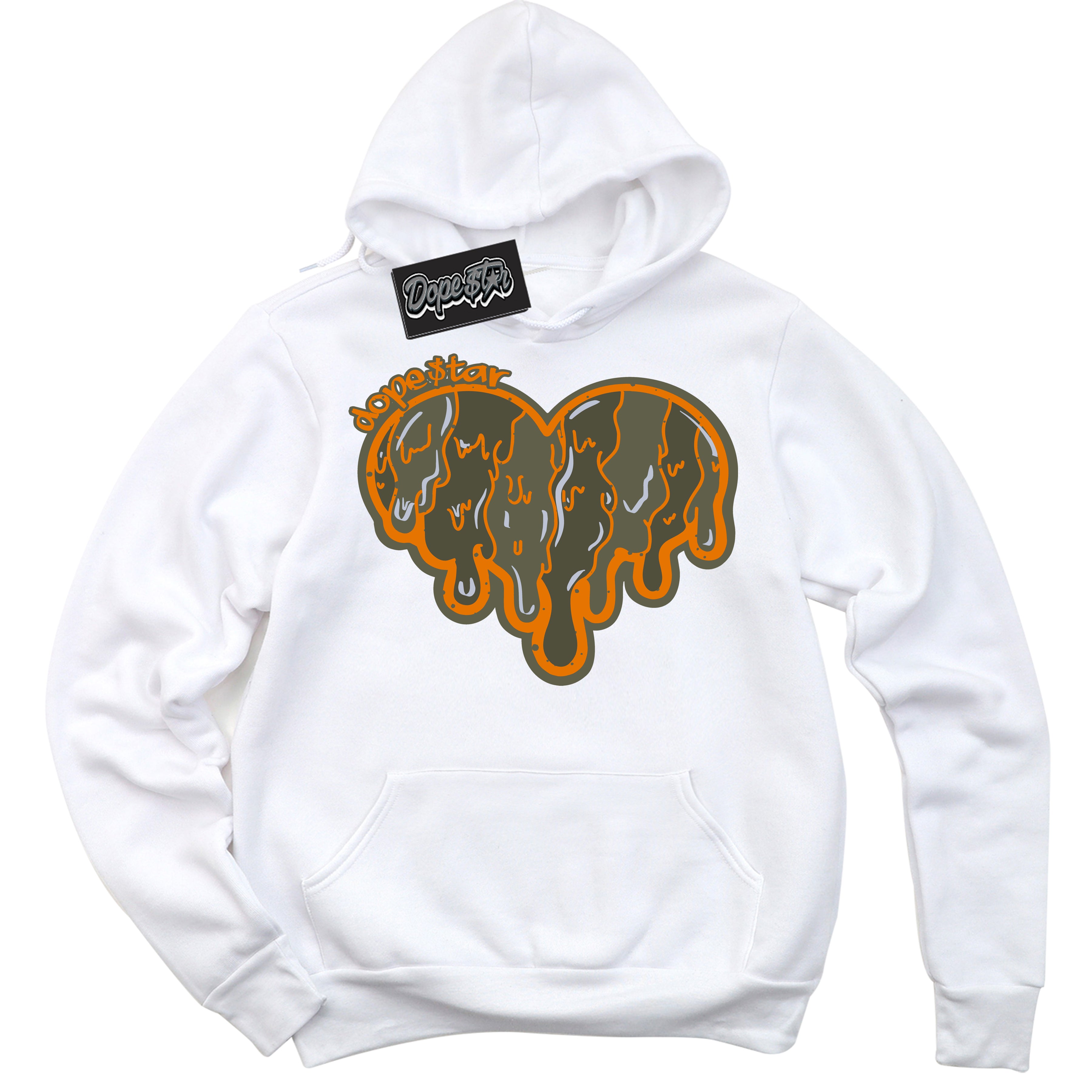 Cool White Hoodie with “ Melting Heart ”  design that Perfectly Matches Olive 5s Sneakers.