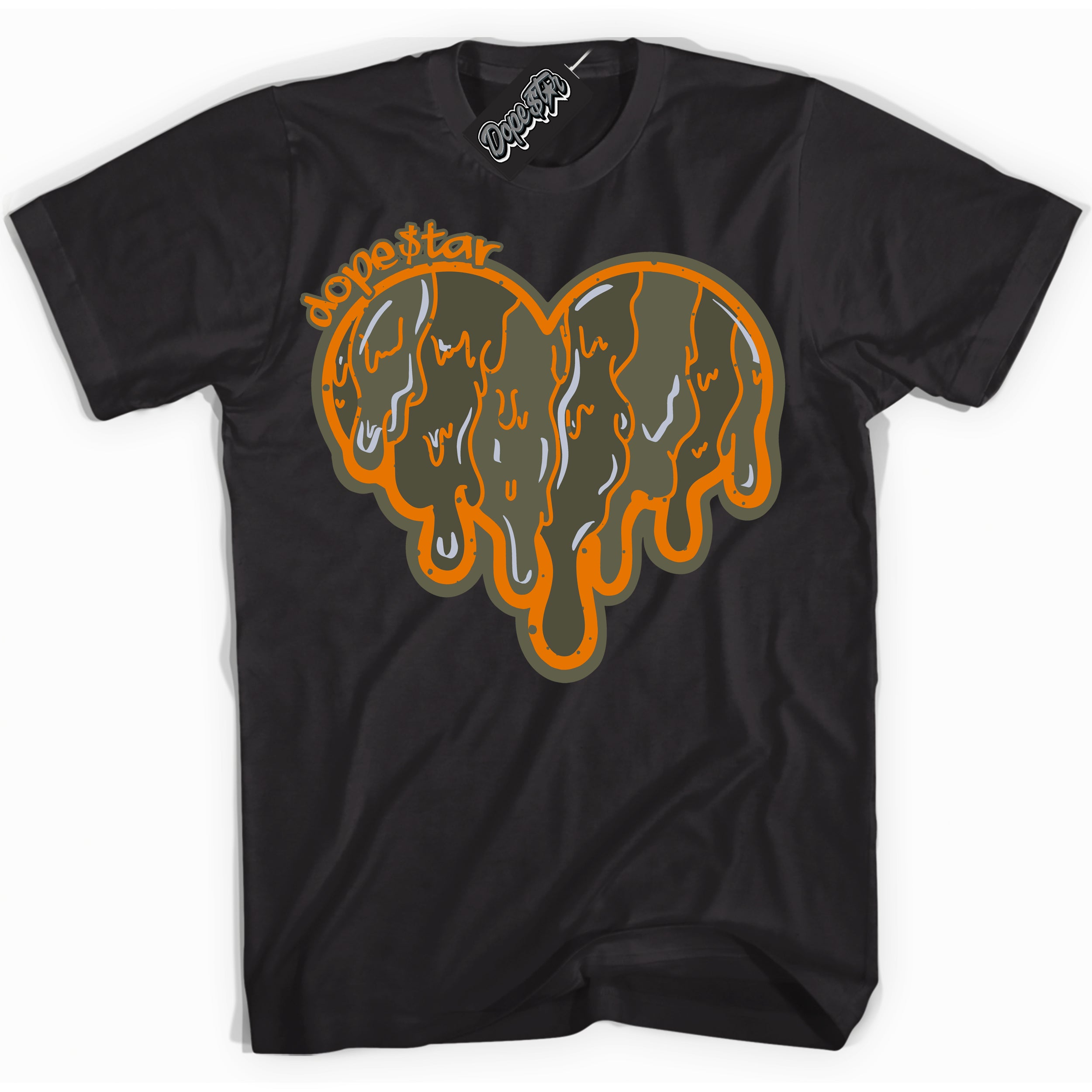 Cool Black Shirt with “ Melting Heart” design that perfectly matches Olive 5s Sneakers.