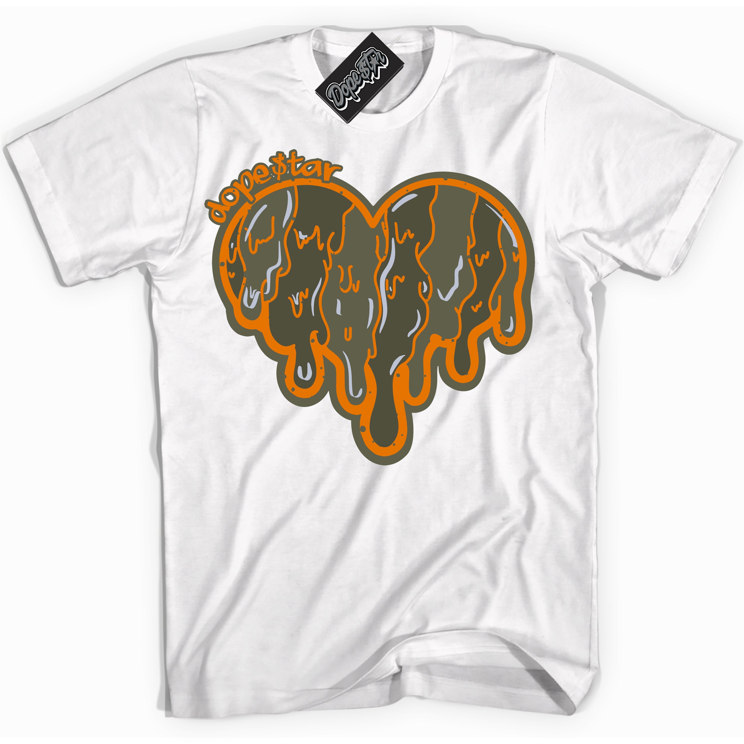 Cool White Shirt with “ Melting Heart” design that perfectly matches Olive 5s Sneakers.