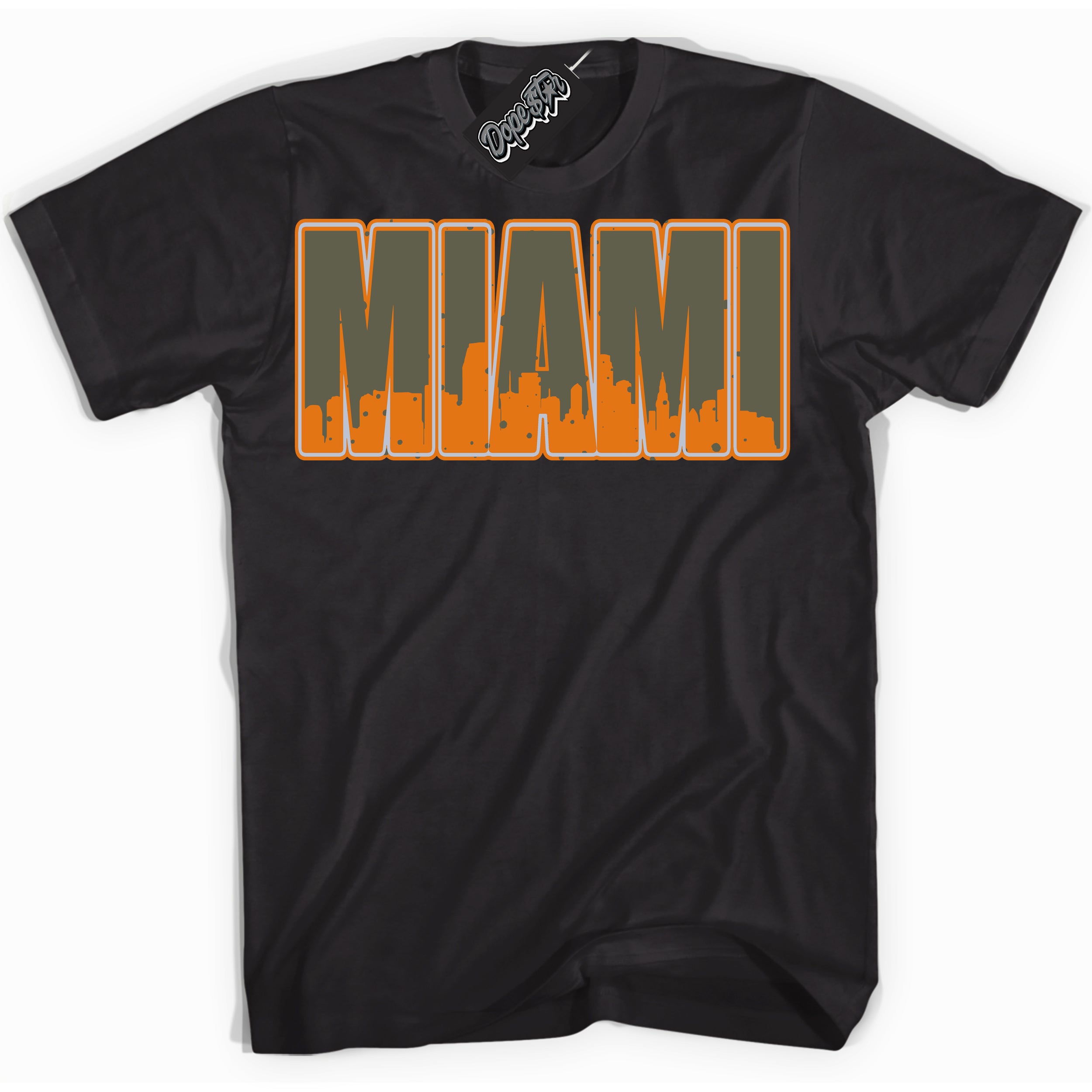 Cool Black Shirt with “ Miami” design that perfectly matches Olive 5s Sneakers.