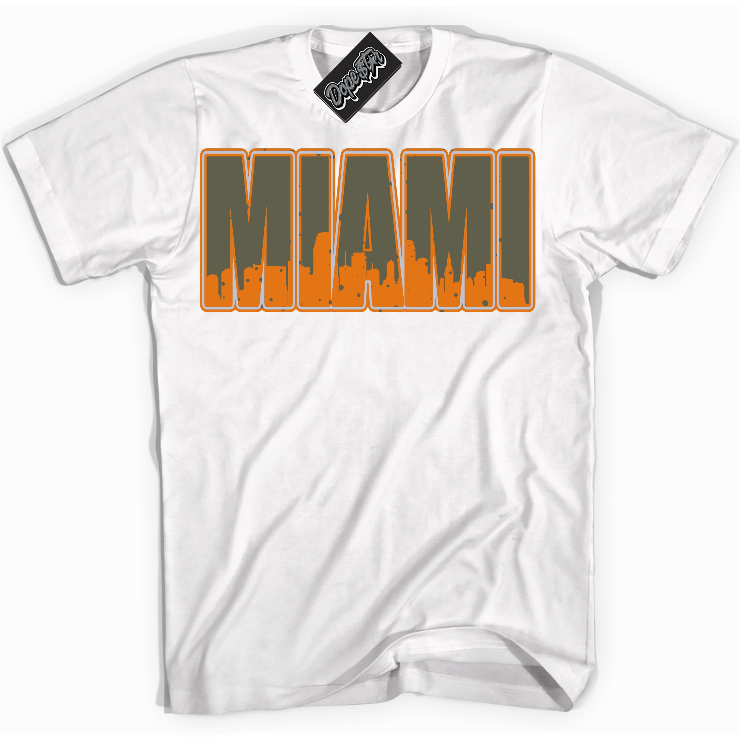 Cool White Shirt with “ Miami” design that perfectly matches Olive 5s Sneakers.