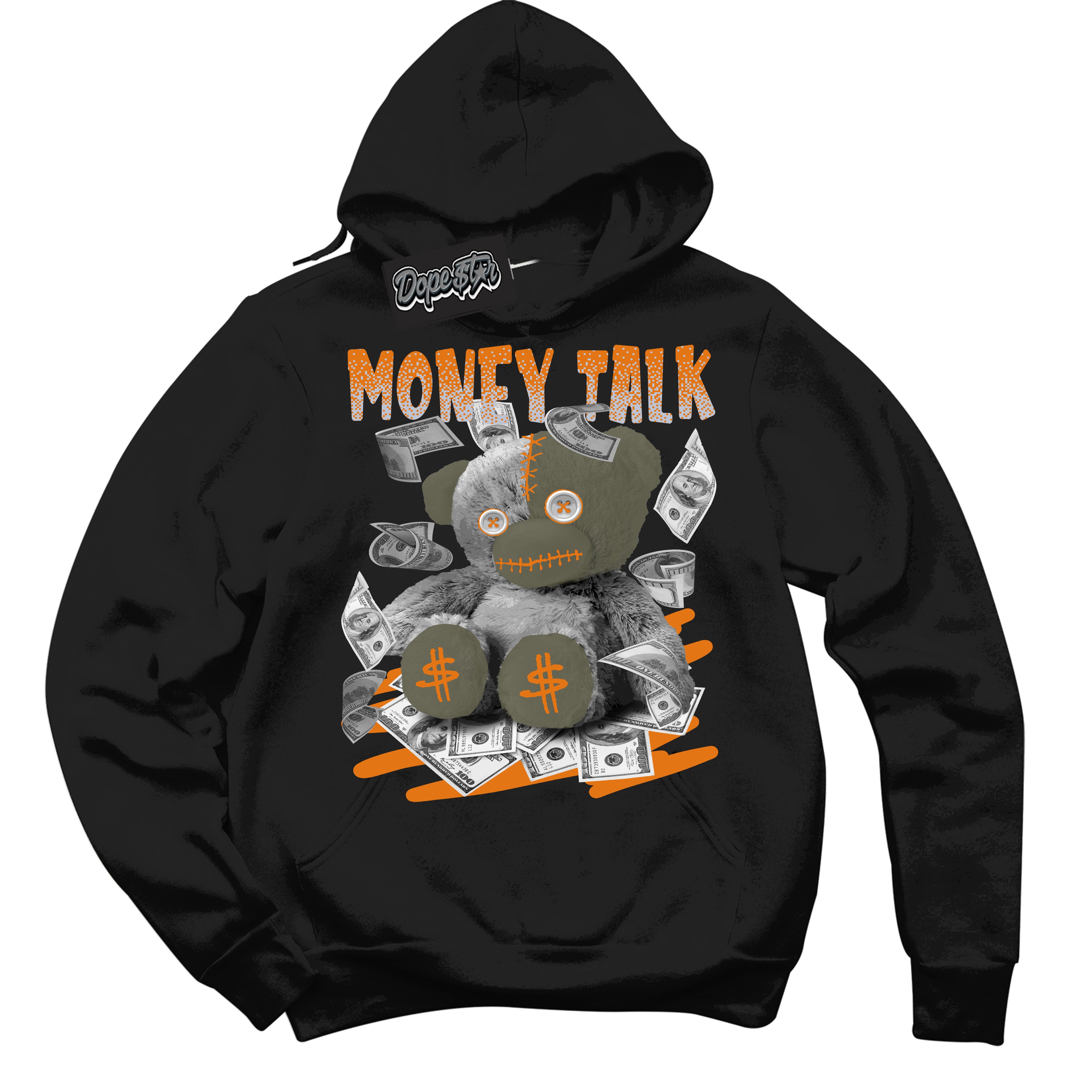 Cool Black Hoodie with “ Money Talk ”  design that Perfectly Matches Olive 5s Sneakers.