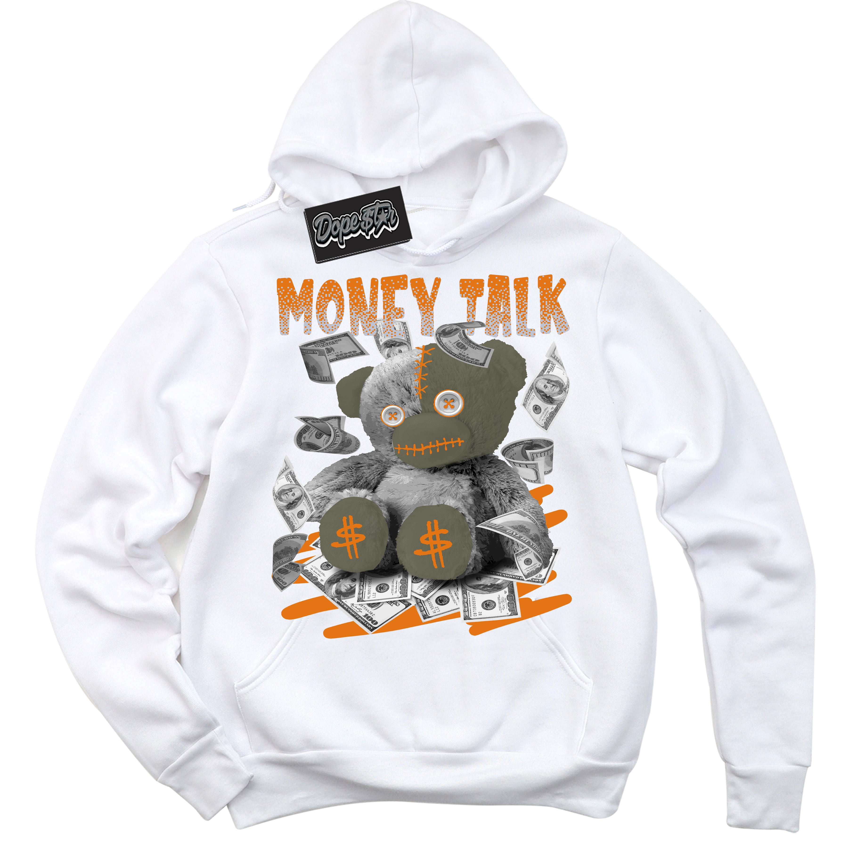 Cool White Hoodie with “ Money Talk ”  design that Perfectly Matches Olive 5s Sneakers.