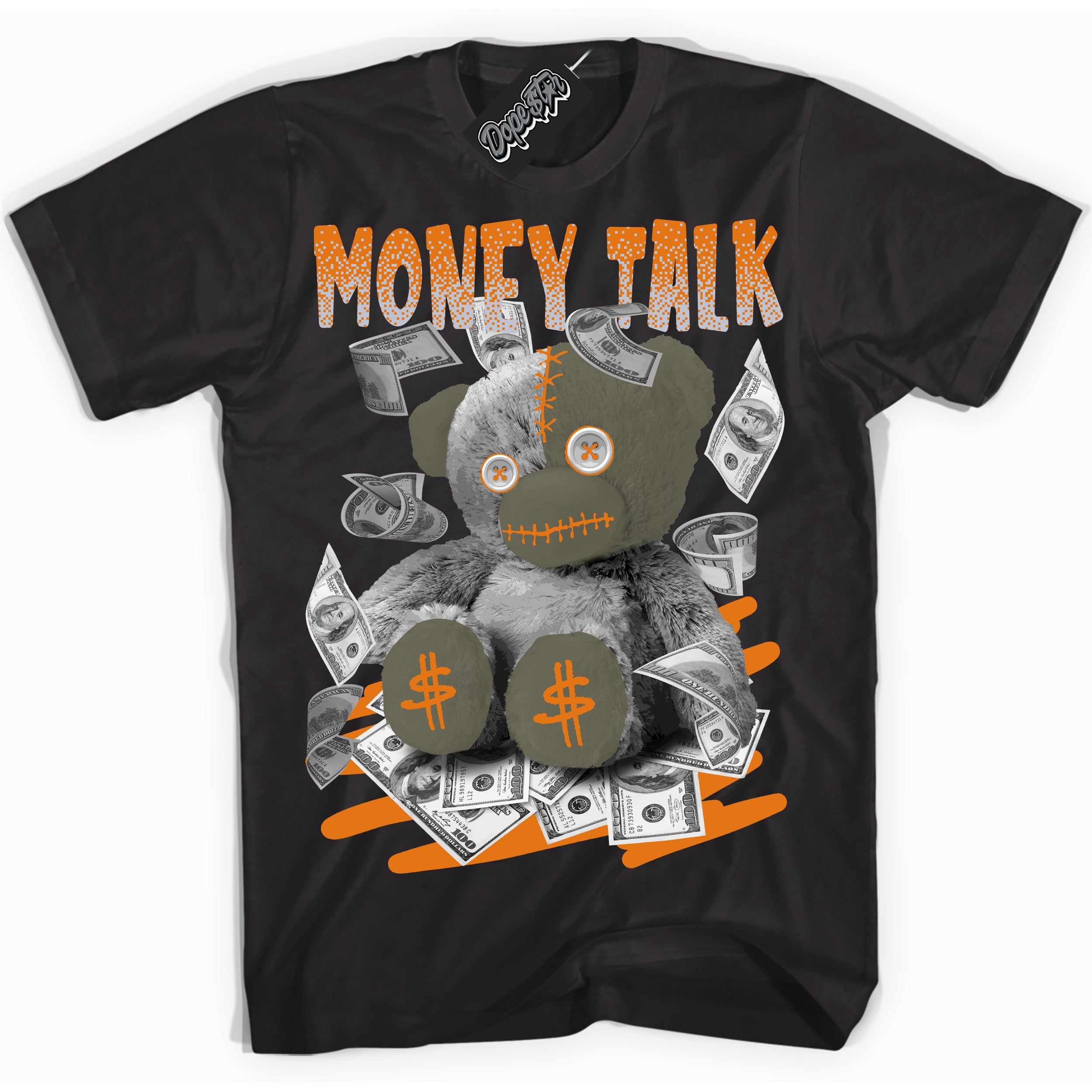 Cool Black Shirt with “ Money Talk” design that perfectly matches Olive 5s Sneakers.