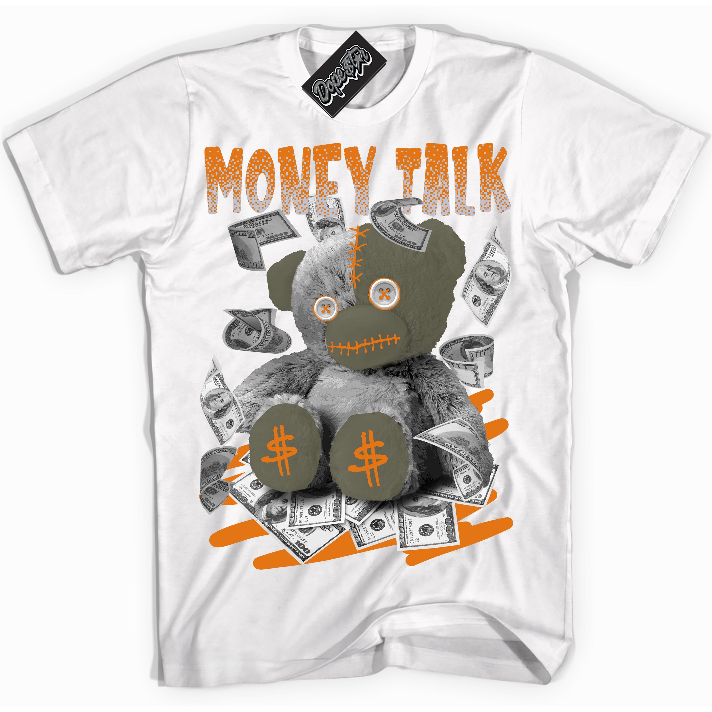 Cool White Shirt with “ Money Talk” design that perfectly matches Olive 5s Sneakers.