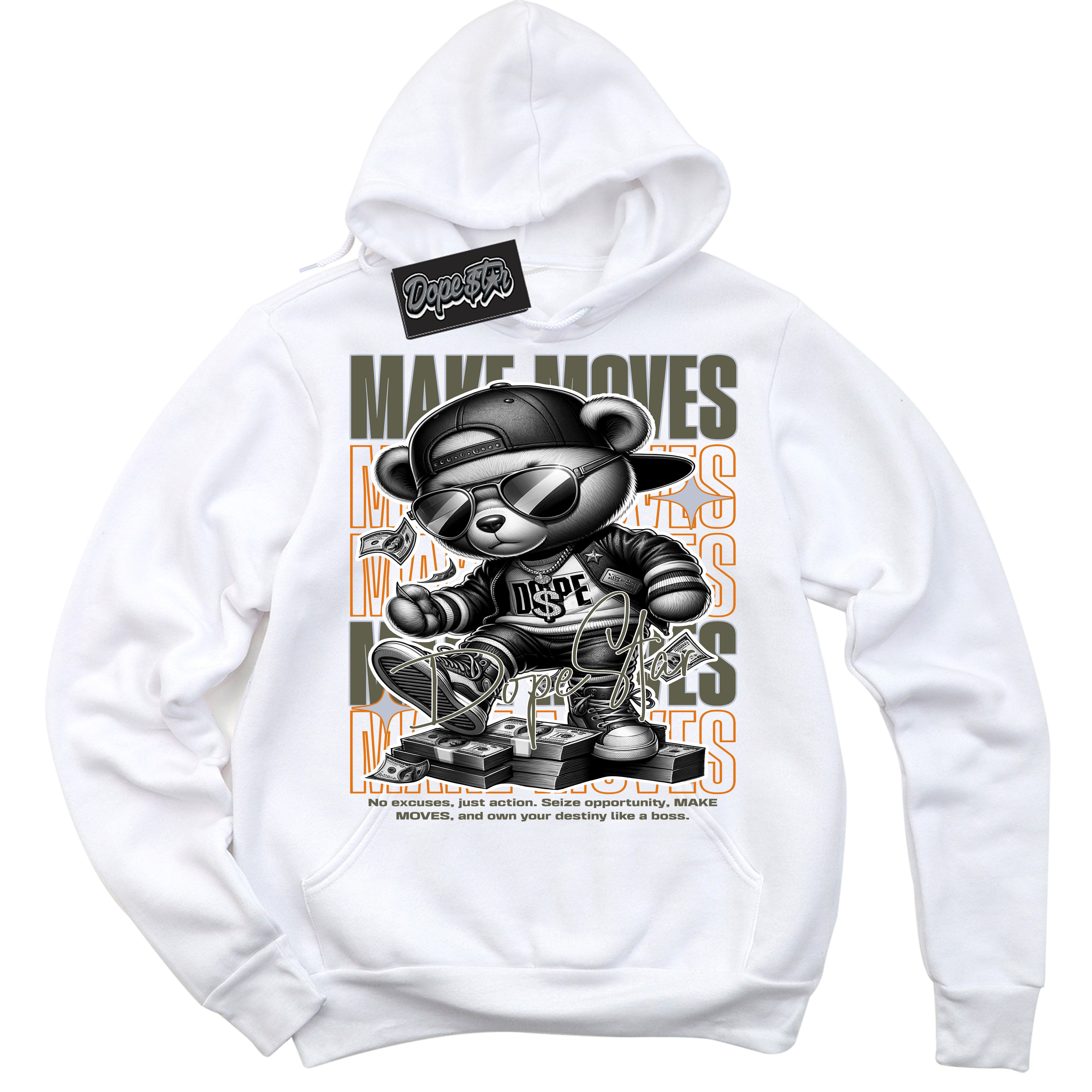 Cool White Hoodie with “ Makin Moves ”  design that Perfectly Matches Olive 5s Sneakers.