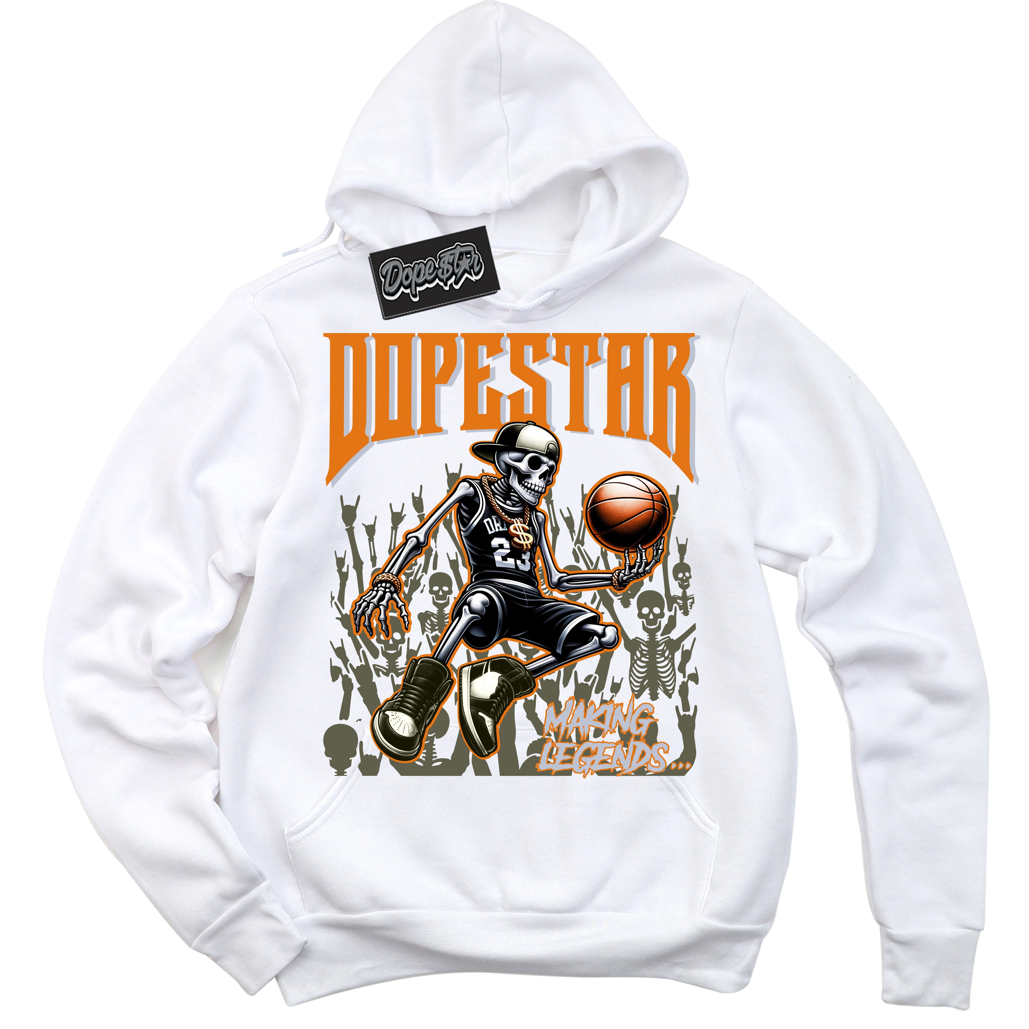 Cool White Hoodie with “ Making Legends ”  design that Perfectly Matches Olive 5s Sneakers.