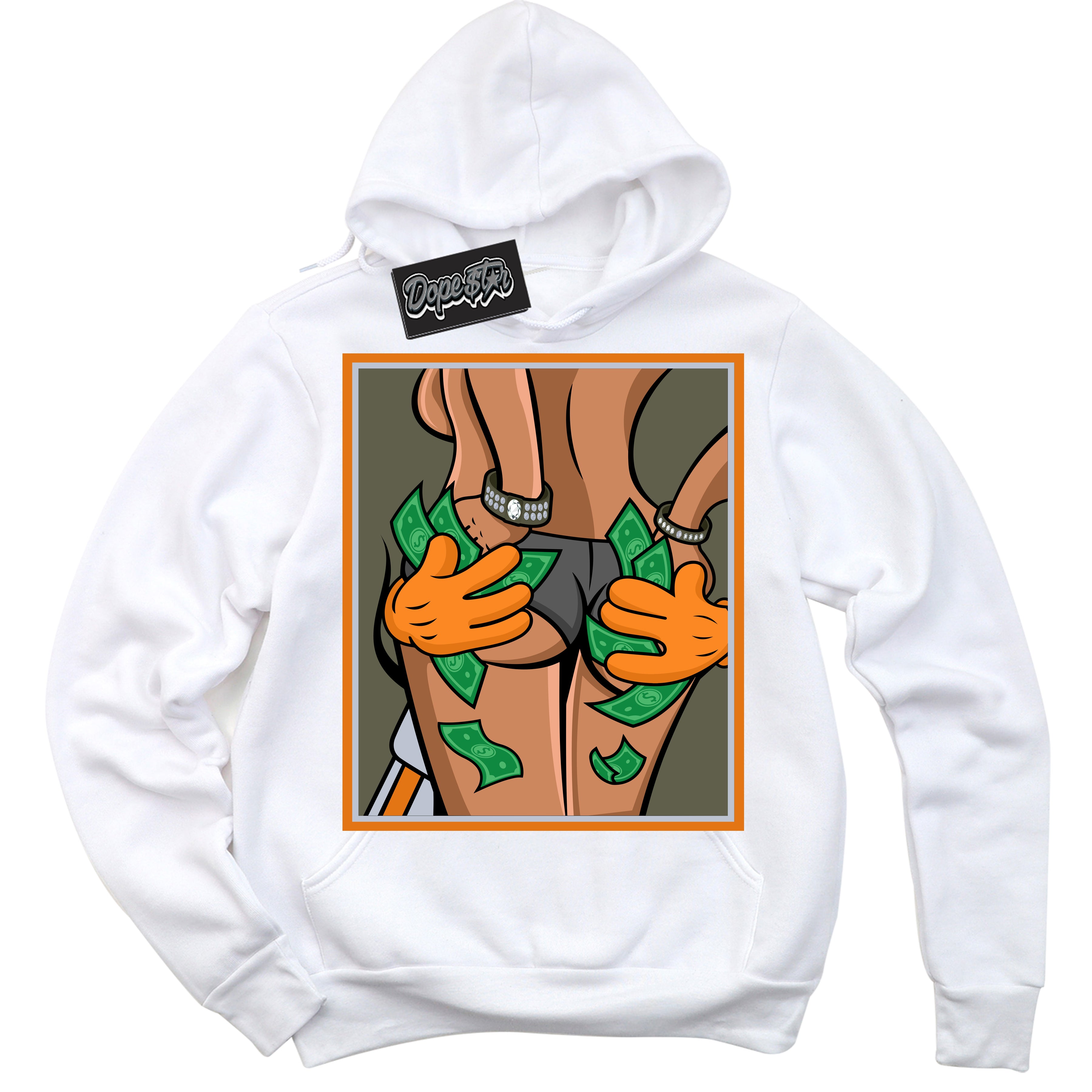 Cool White Hoodie with “ Money Hands ”  design that Perfectly Matches Olive 5s Sneakers.