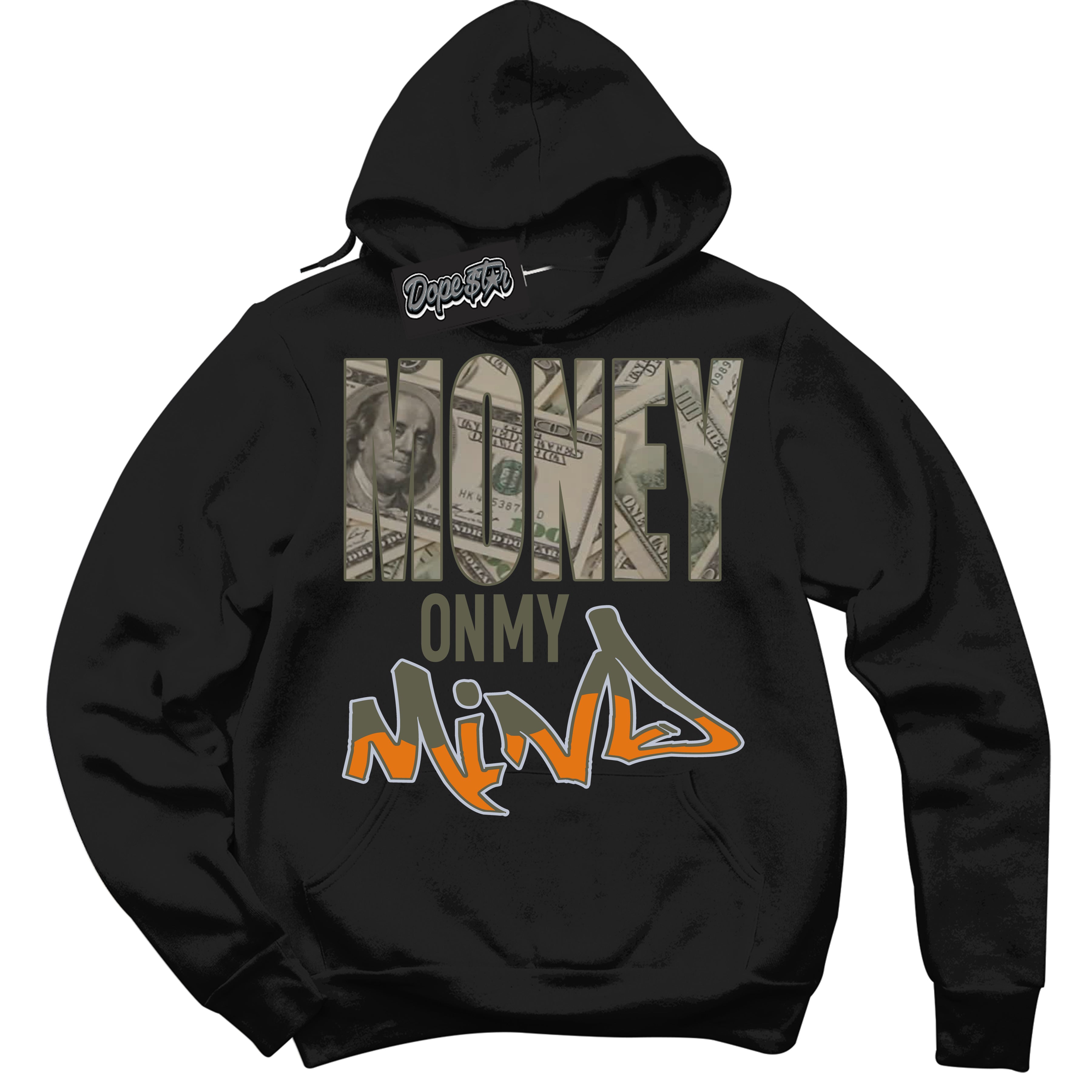 Cool Black Hoodie with “ Money On My Mind ”  design that Perfectly Matches Olive 5s Sneakers.