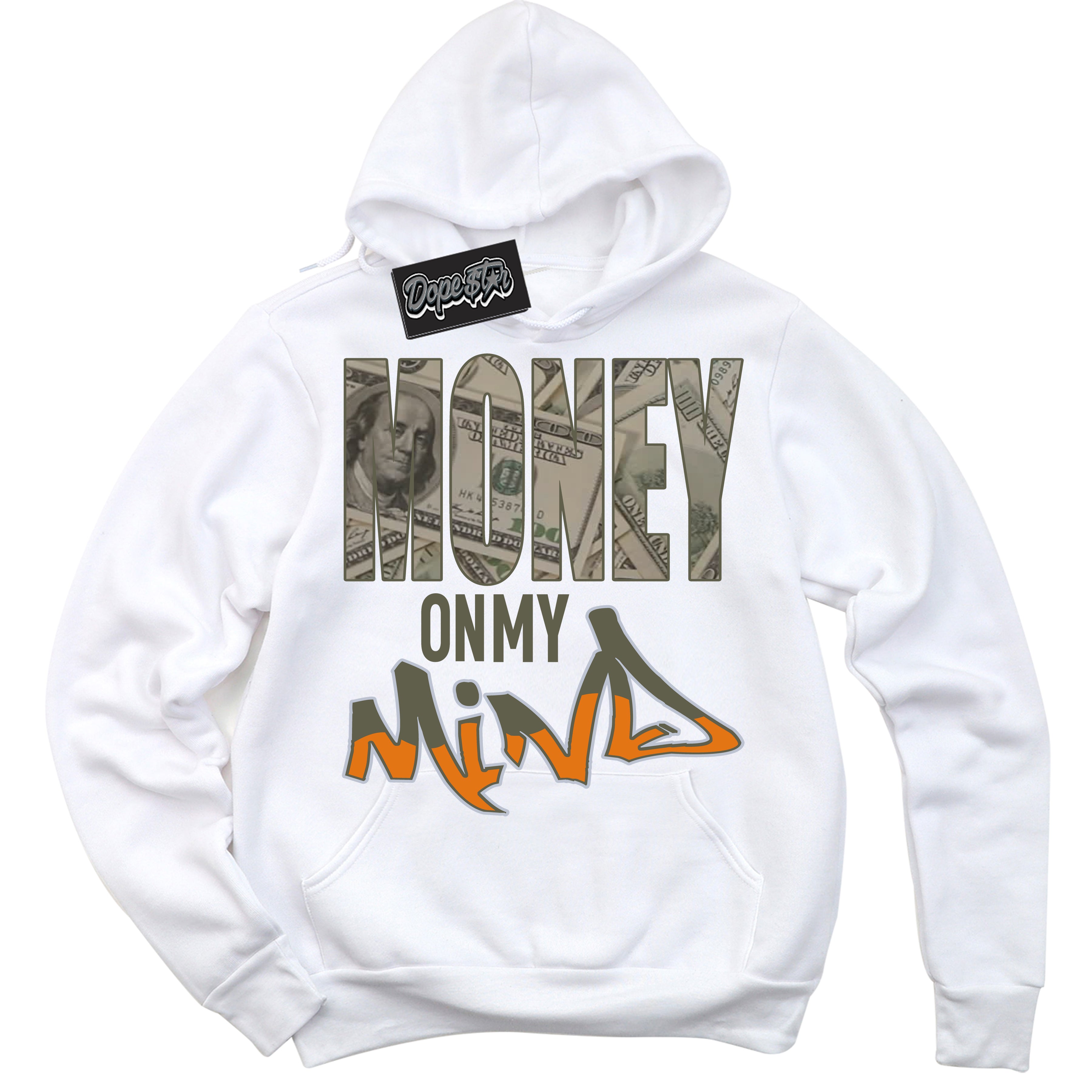 Cool White Hoodie with “ Money On My Mind ”  design that Perfectly Matches Olive 5s Sneakers.