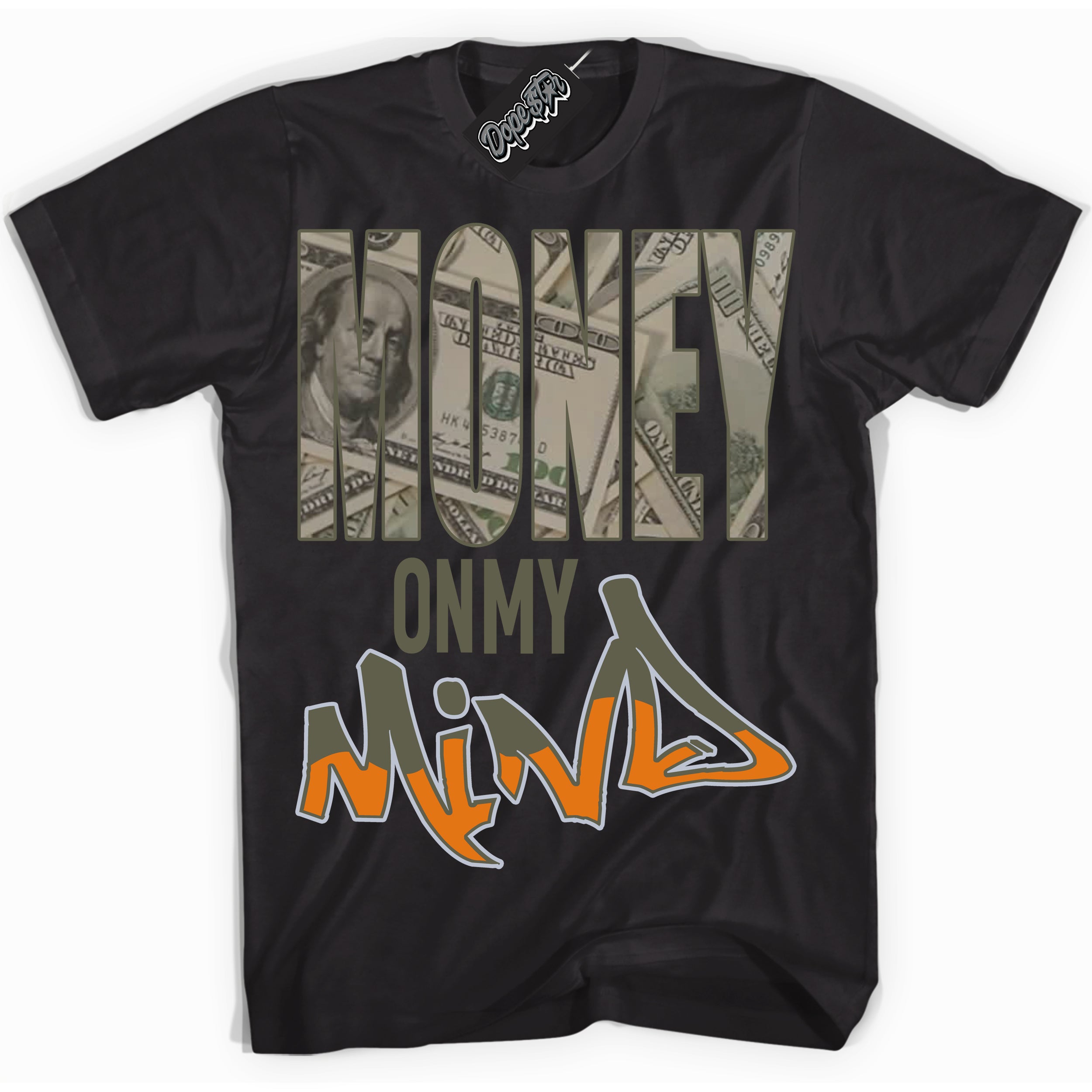 Cool Black Shirt with “ Money On My Mind” design that perfectly matches Olive 5s Sneakers.