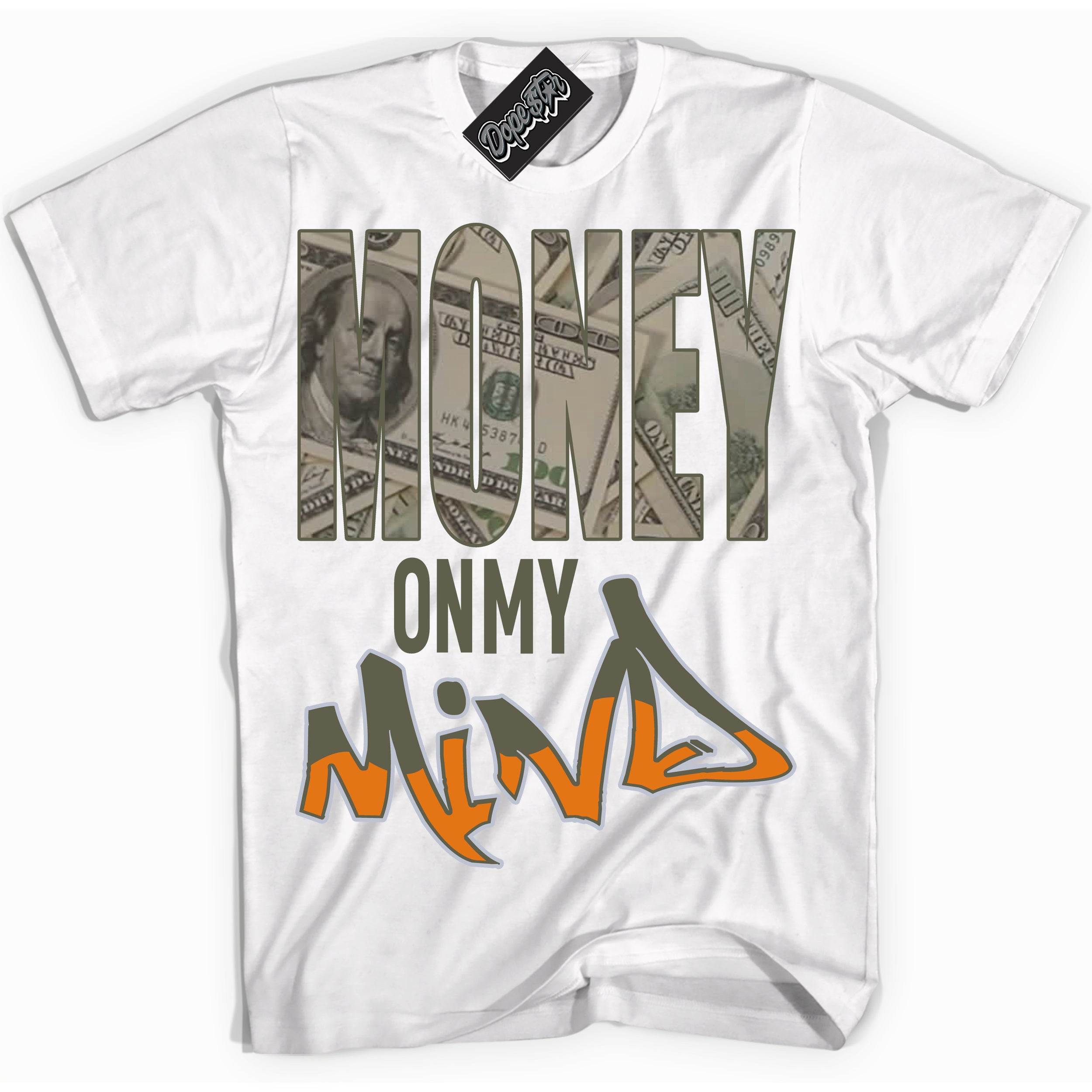 Cool White Shirt with “ Money On My Mind” design that perfectly matches Olive 5s Sneakers.