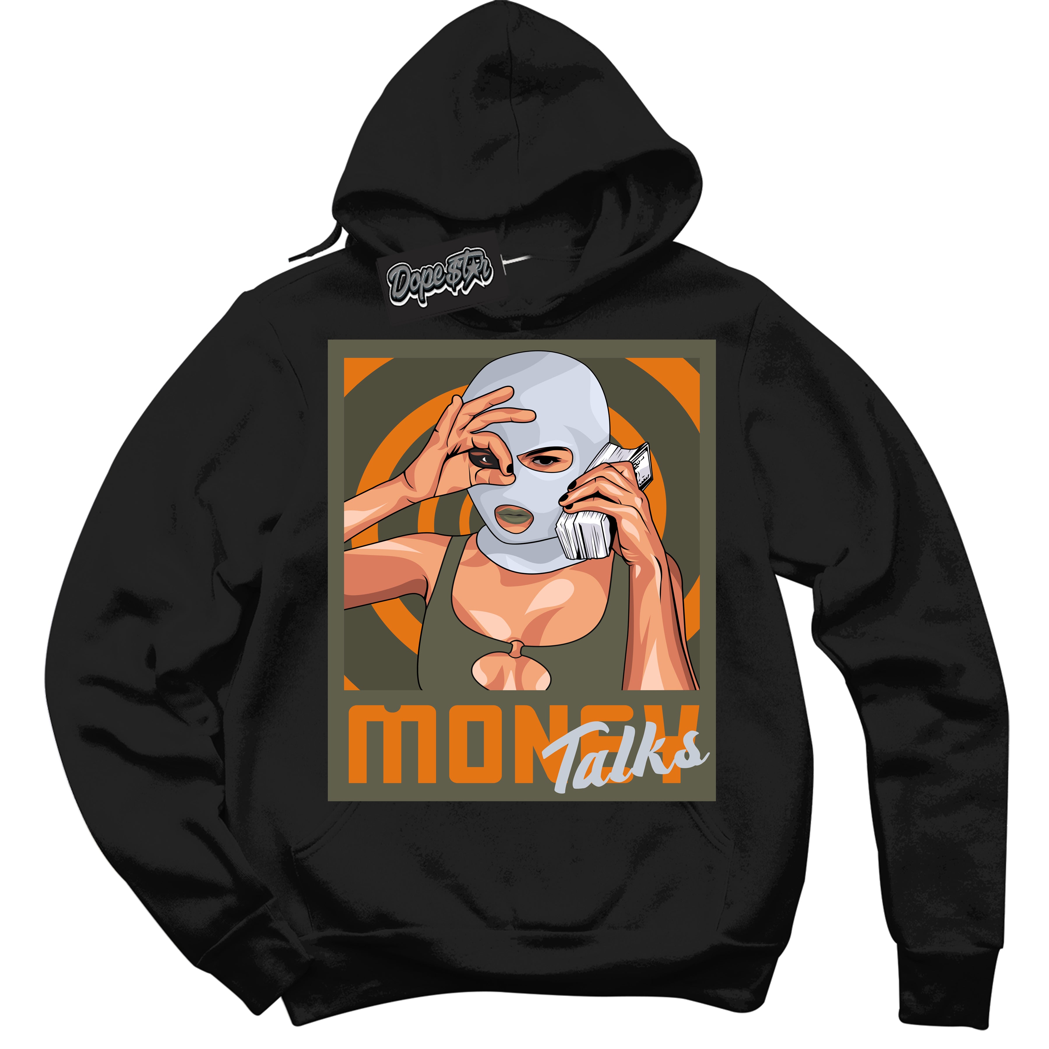 Cool Black Hoodie with “ Money Talks ”  design that Perfectly Matches Olive 5s Sneakers.