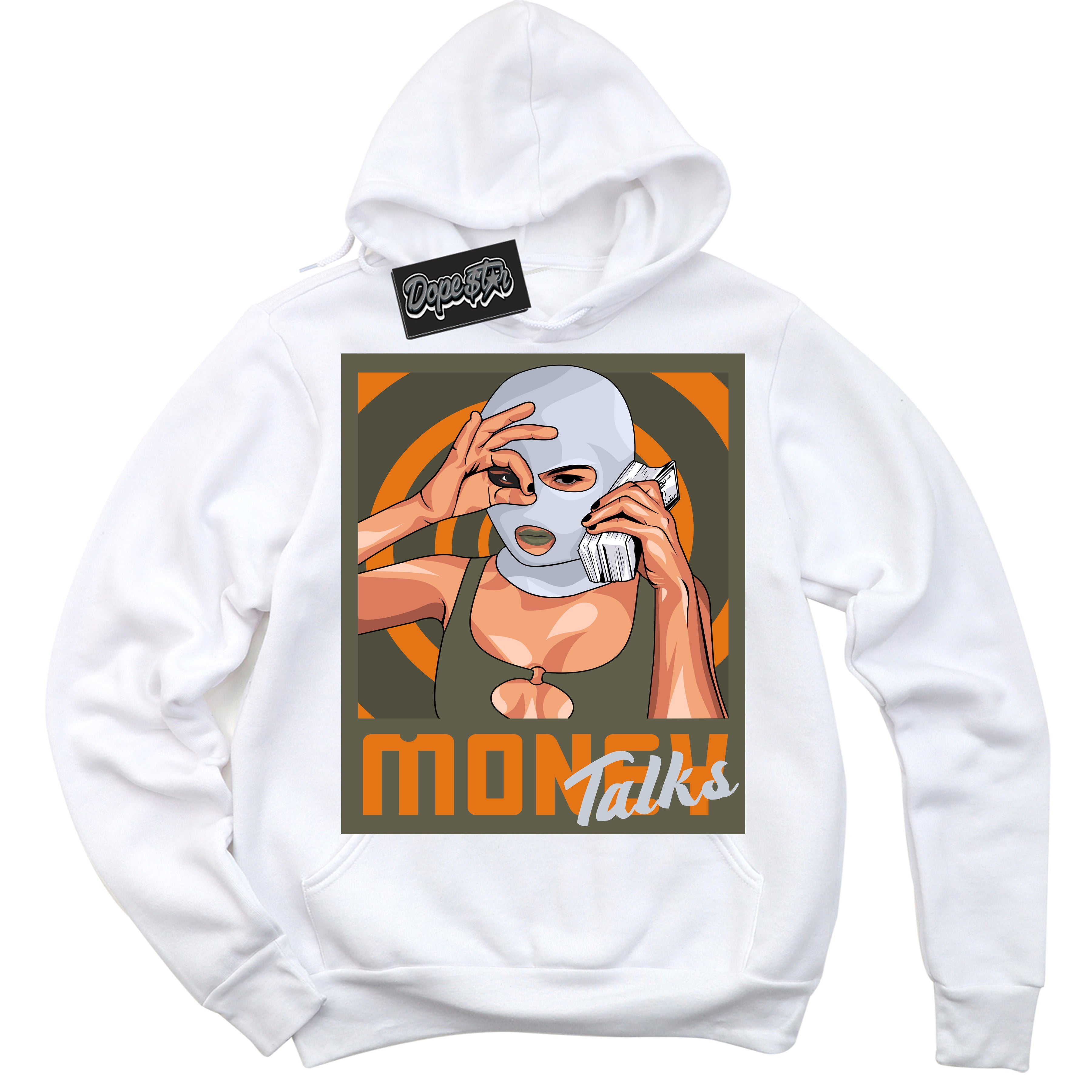 Cool White Hoodie with “ Money Talks ”  design that Perfectly Matches Olive 5s Sneakers.