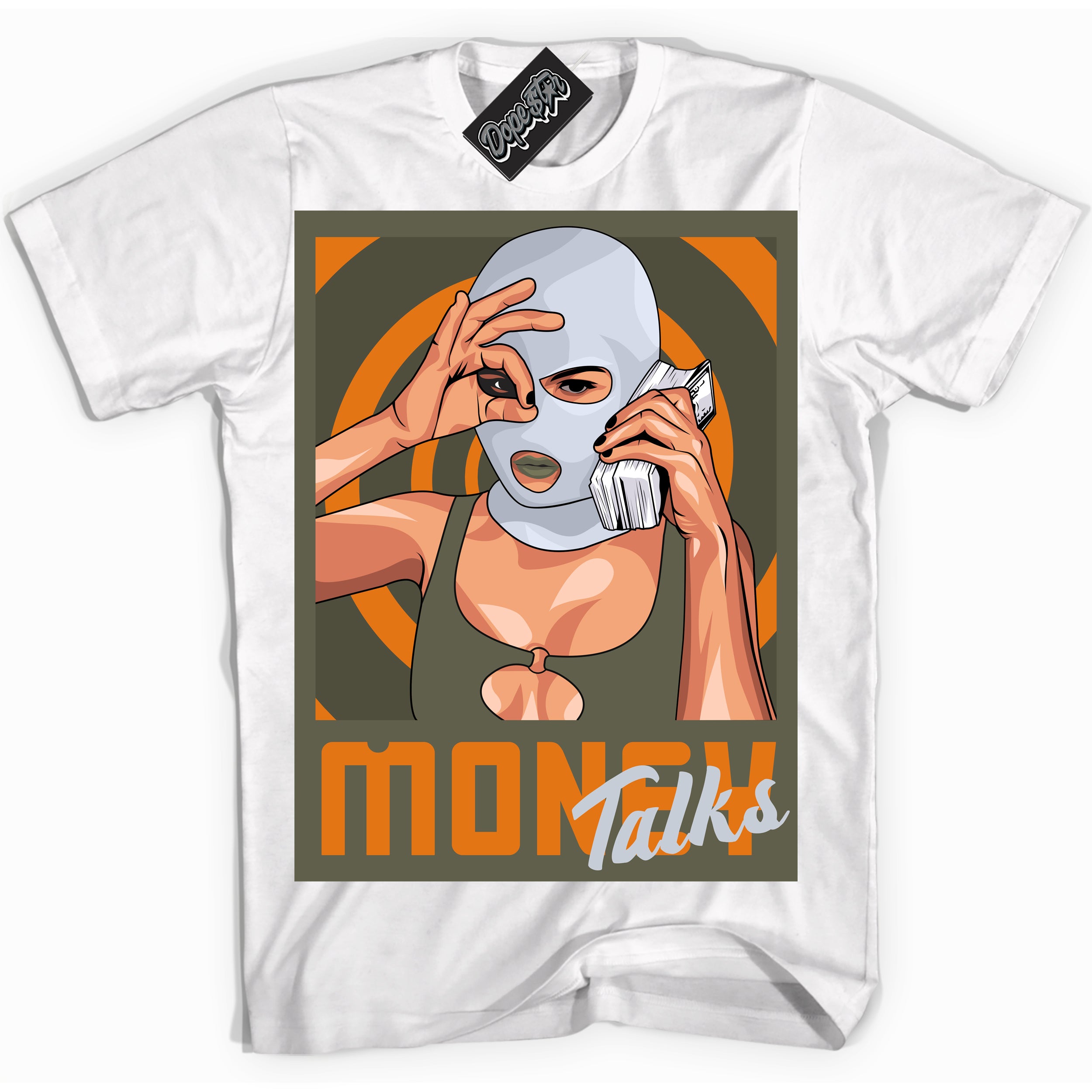 Cool White Shirt with “ Money Talks” design that perfectly matches Olive 5s Sneakers.