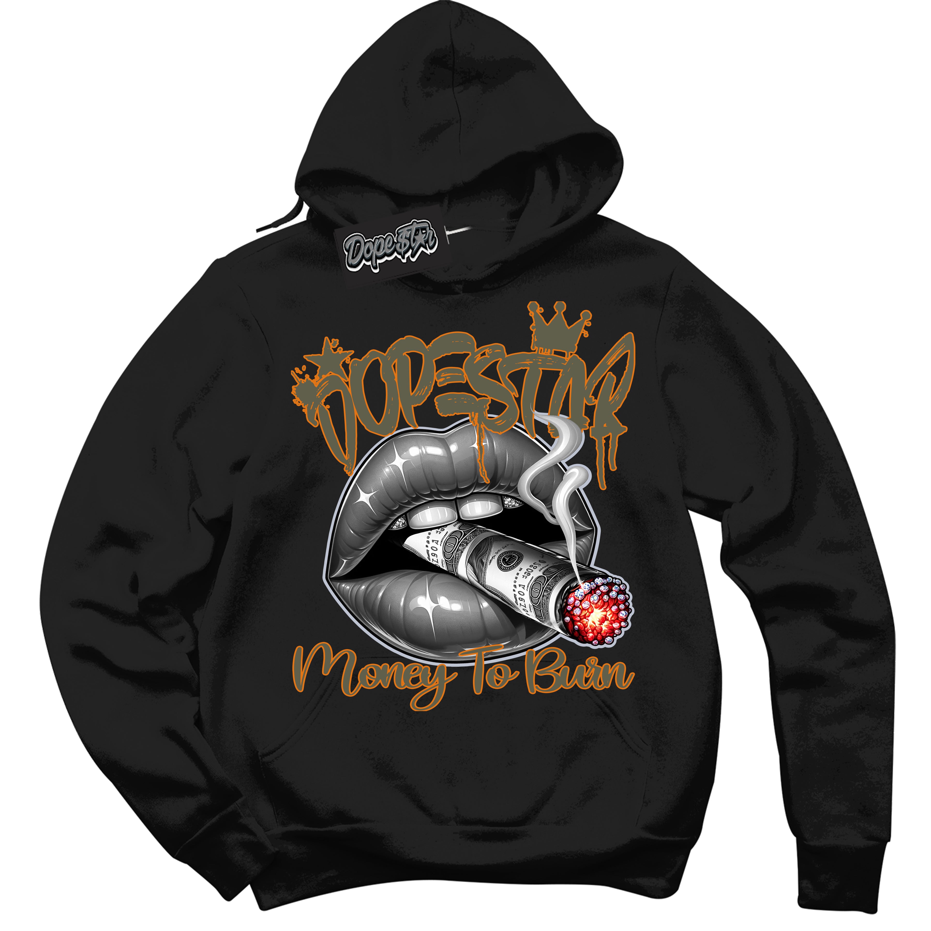 Cool Black Hoodie with “ Money To Burn ”  design that Perfectly Matches Olive 5s Sneakers.