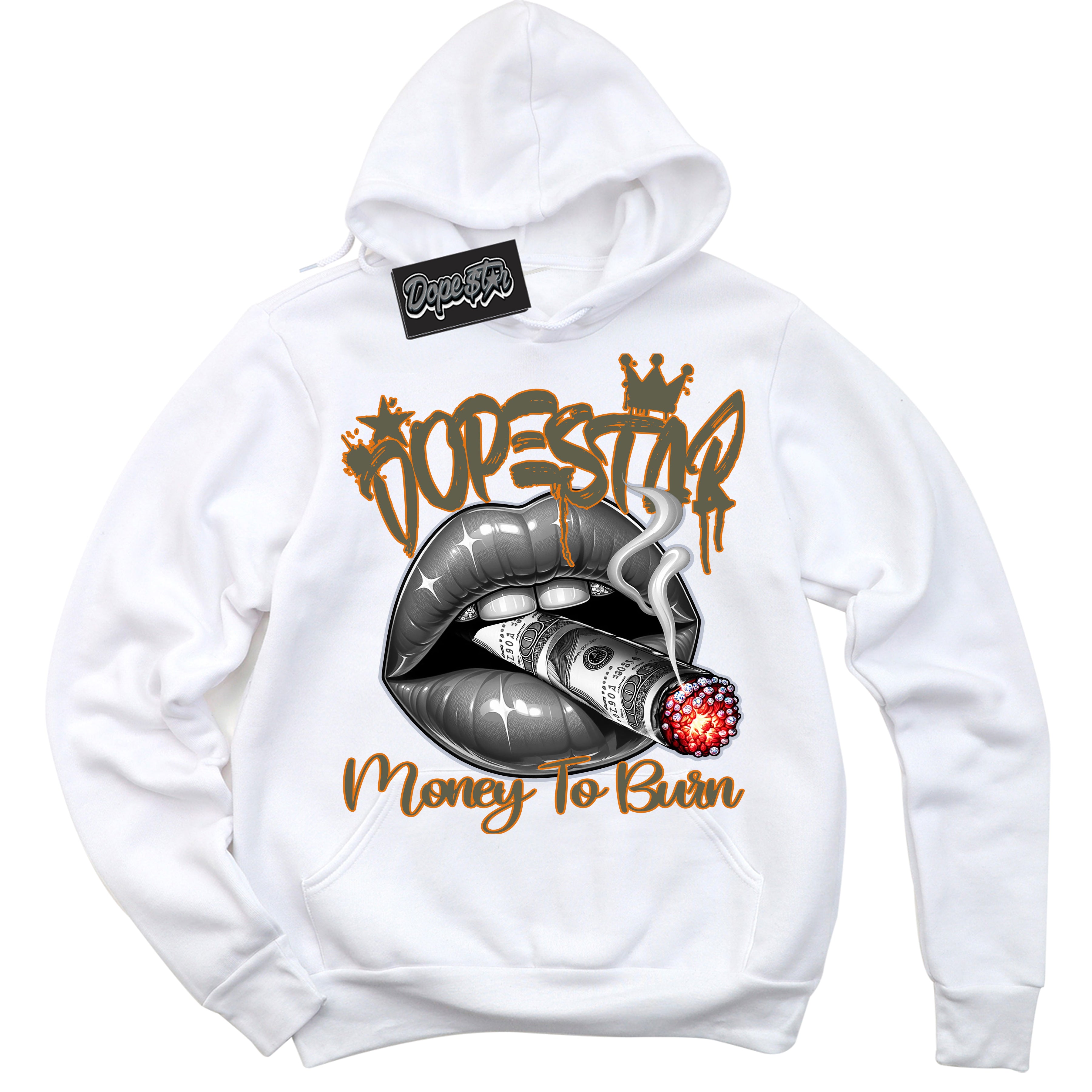 Cool White Hoodie with “ Money To Burn ”  design that Perfectly Matches Olive 5s Sneakers.