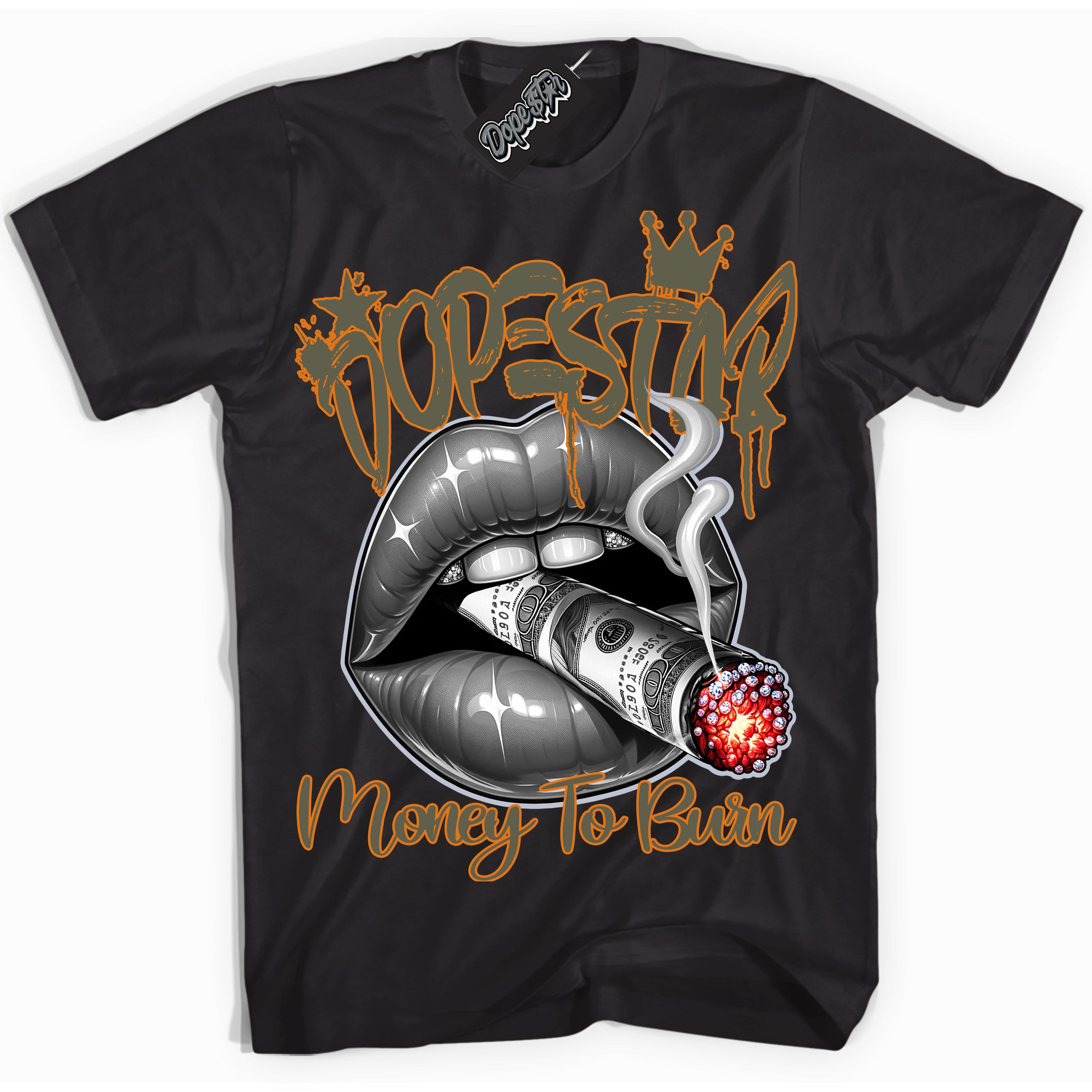 Cool Black Shirt with “ Money To Burn” design that perfectly matches Olive 5s Sneakers.