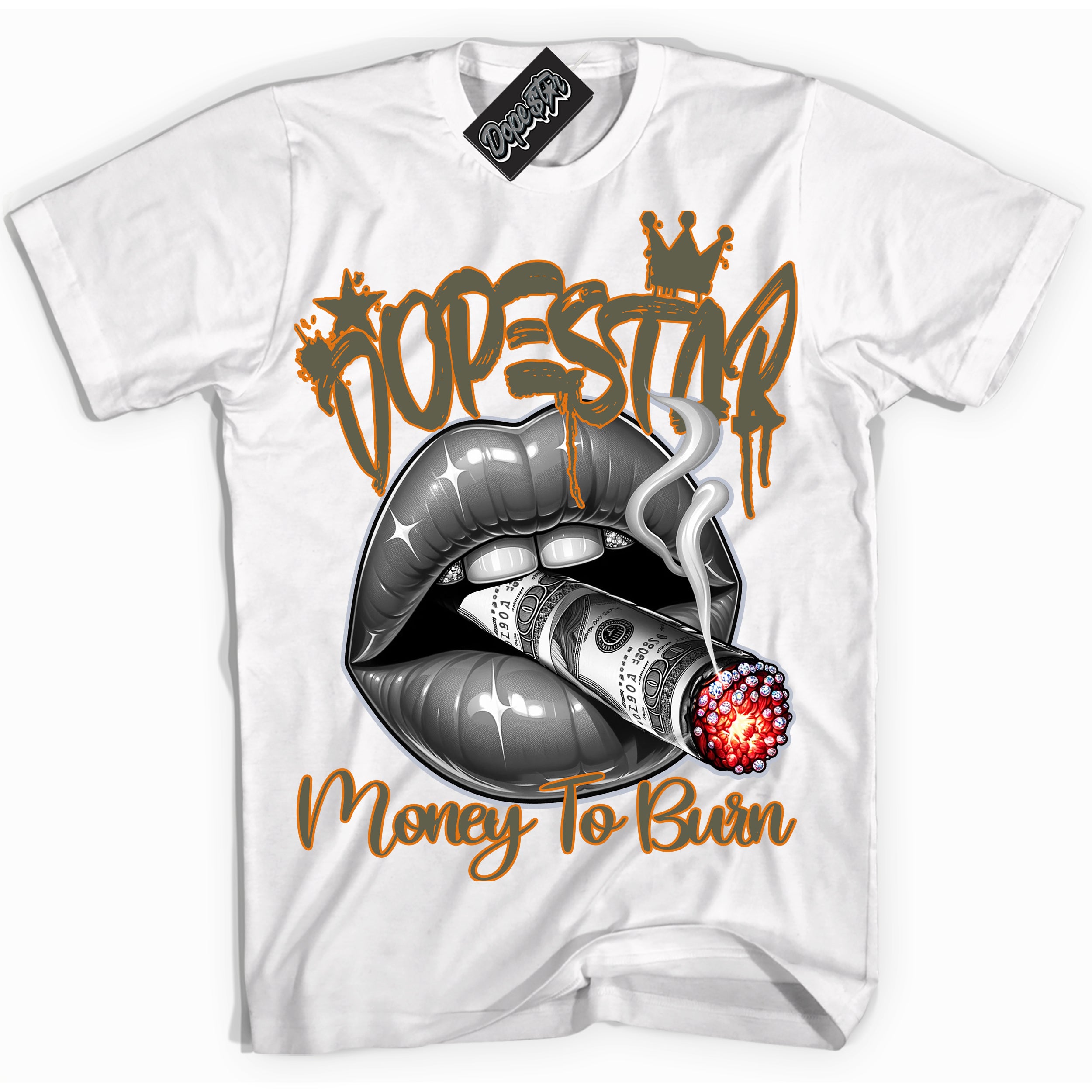 Cool White Shirt with “ Money To Burn” design that perfectly matches Olive 5s Sneakers.